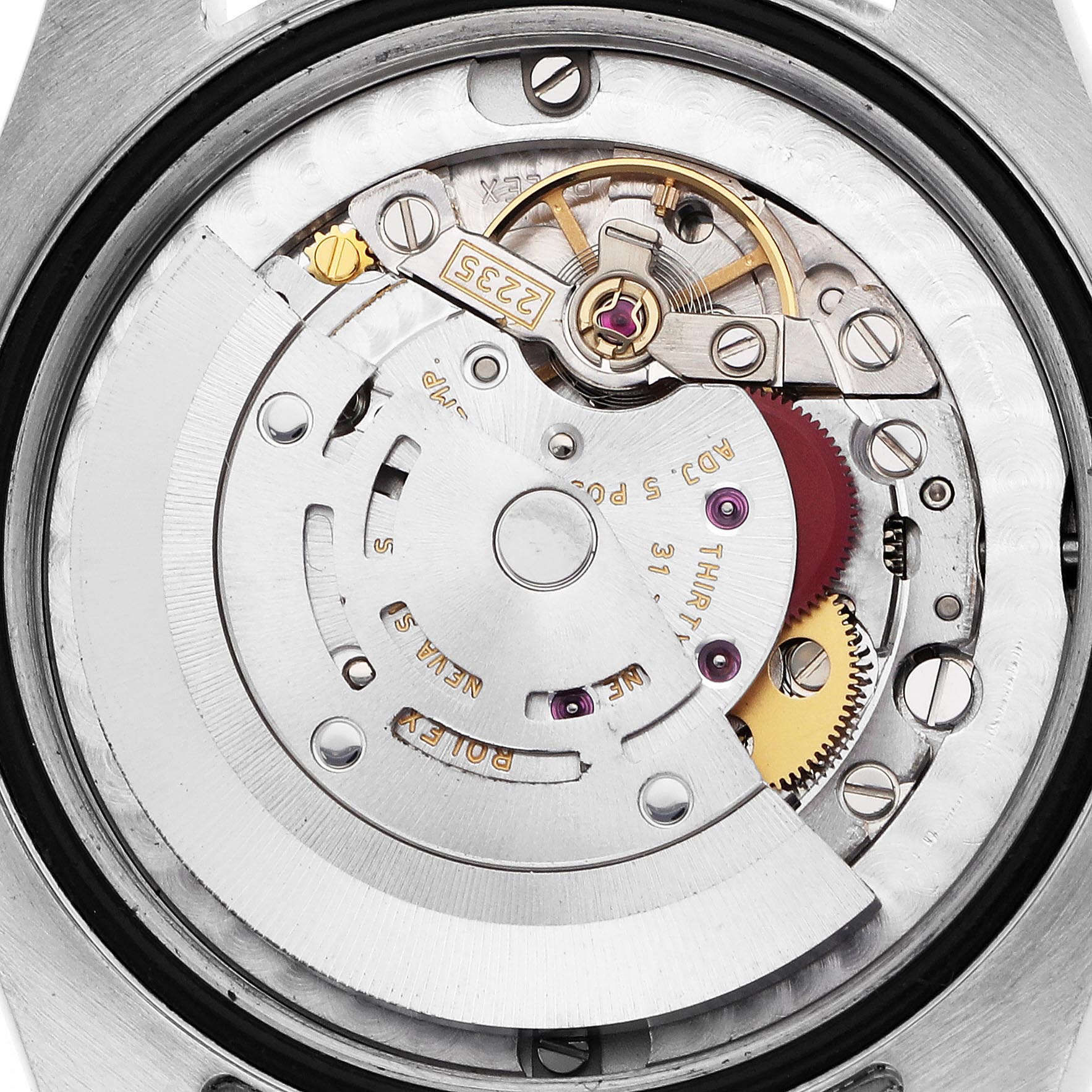 The image shows the back view of the Rolex Mid-Size 278343 Women's Steel and Gold (two tone) Champagne Dial 278343 Women's Steel and Gold (two tone) Champagne Dial watch, highlighting its internal movement and components.