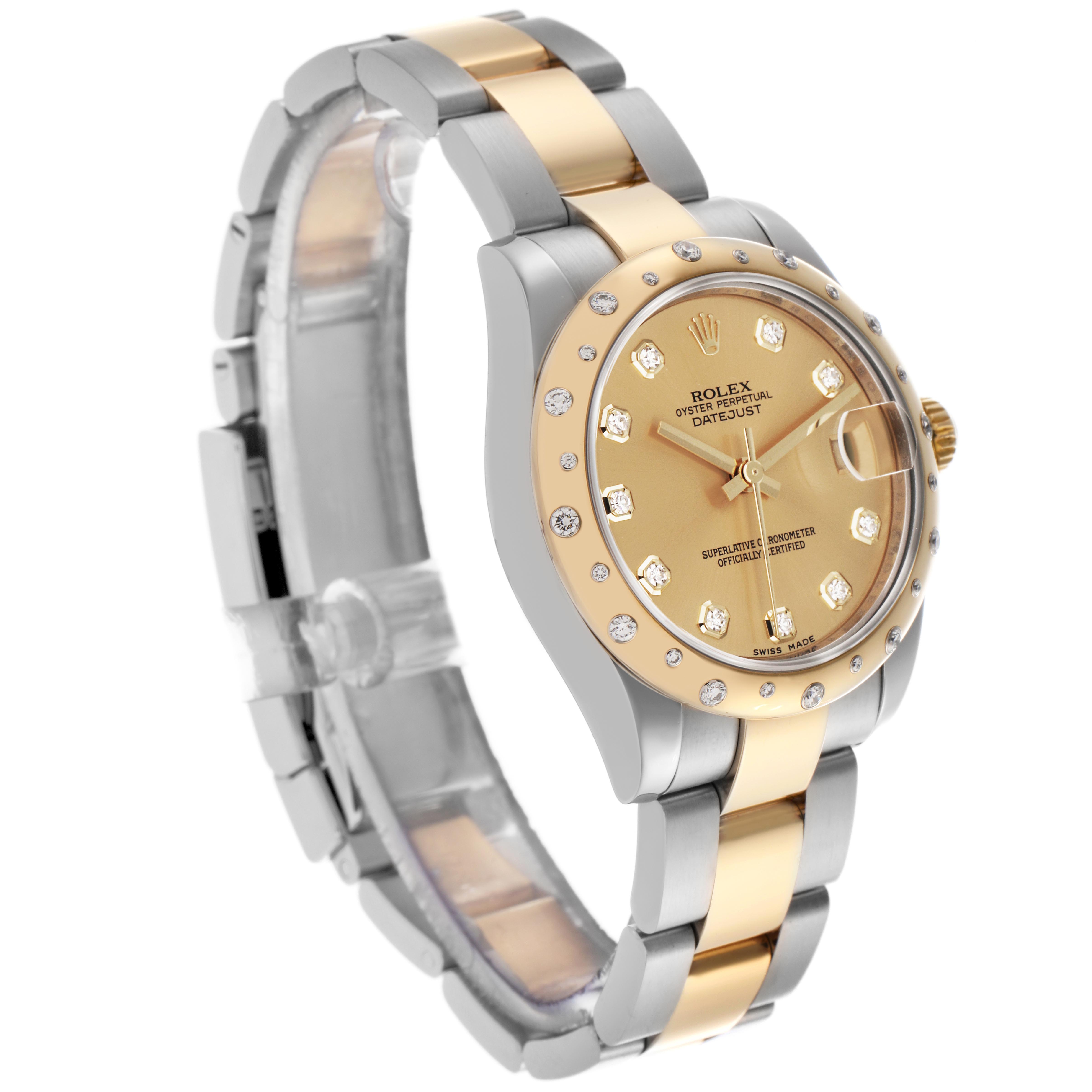 The Rolex Mid-Size 278343 Women's Steel and Gold (two tone) Champagne Dial 278343 Women's Steel and Gold (two tone) Champagne Dial model is shown at a three-quarter angle, highlighting its two-tone bracelet, diamond bezel, and dial.