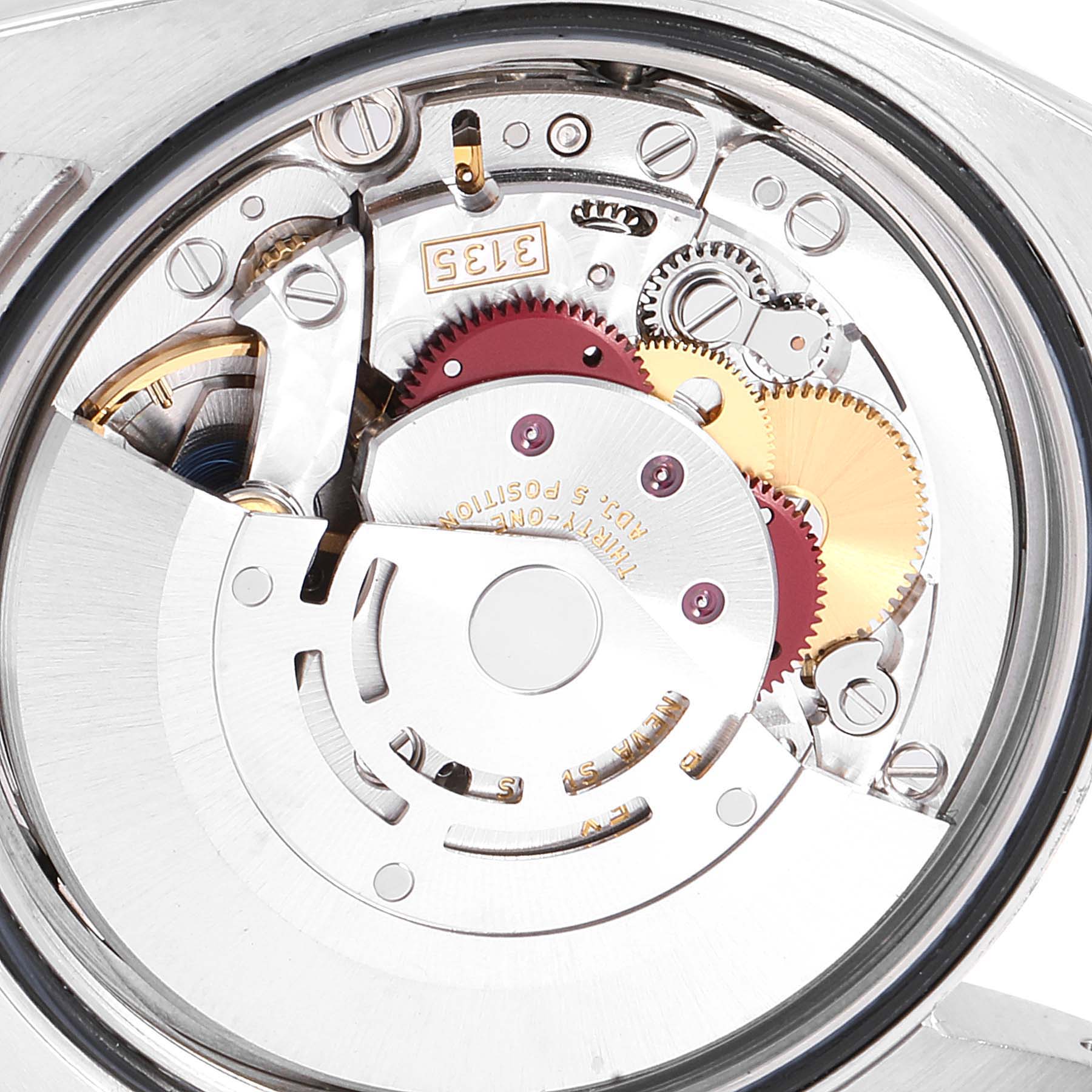 The image shows a detailed, close-up view of the inner mechanical movement parts of a Rolex Datejust 116244 Men's Stainless Steel Mother of Pearl Dial 116244 Men's Stainless Steel Mother of Pearl Dial watch.