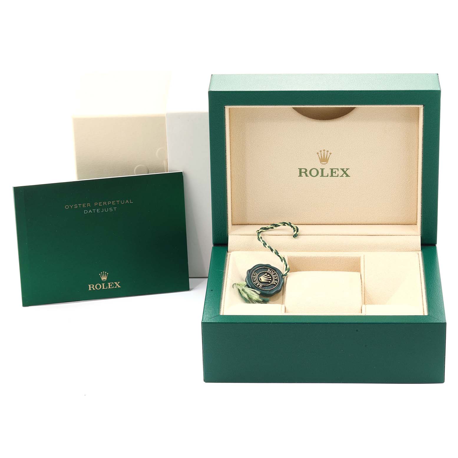 The image shows a Rolex Datejust 116244 Men's Stainless Steel Mother of Pearl Dial 116244 Men's Stainless Steel Mother of Pearl Dial watch box, warranty booklet, and a green hang tag.