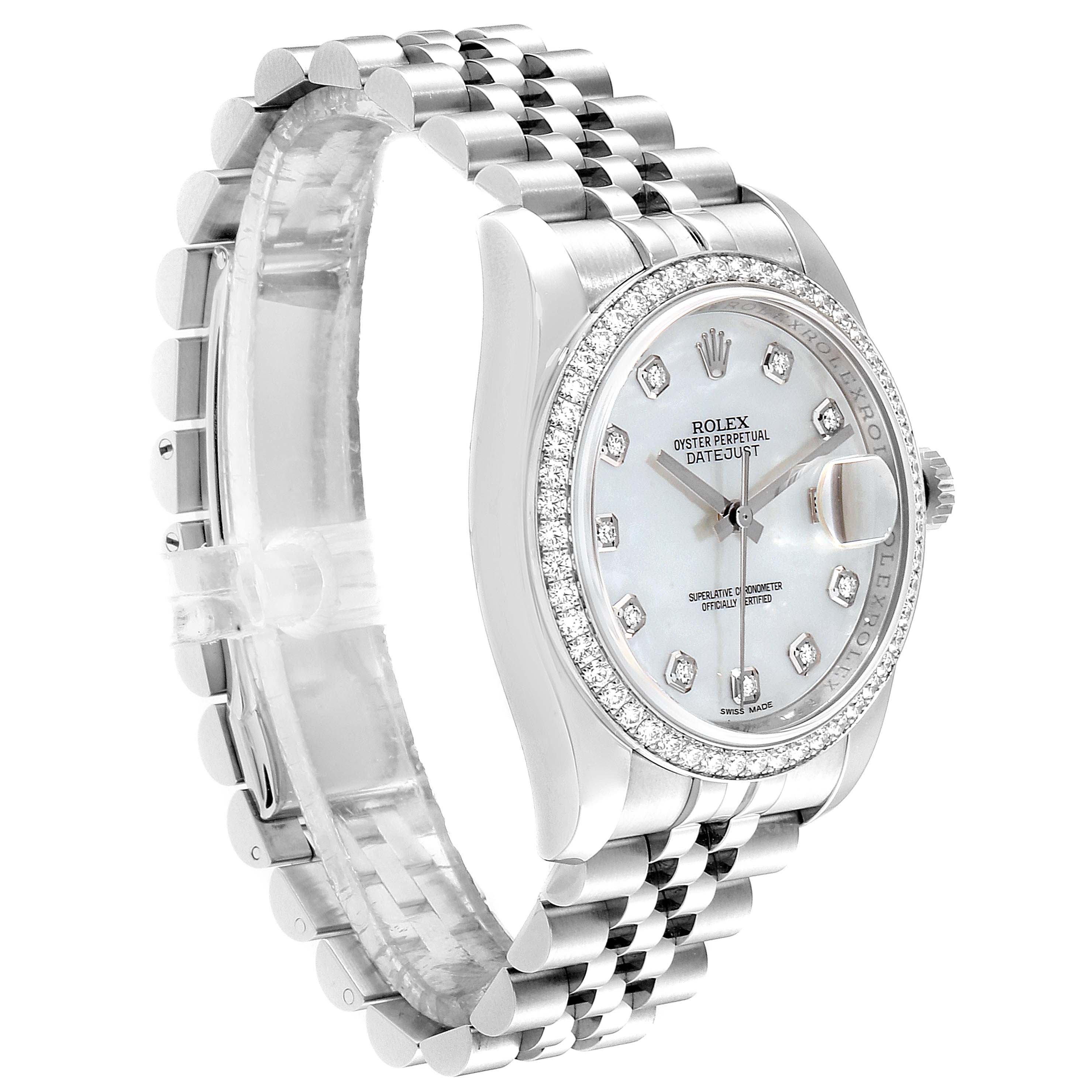 This image shows a Rolex Datejust 116244 Men's Stainless Steel Mother of Pearl Dial 116244 Men's Stainless Steel Mother of Pearl Dial watch at a slight angle, highlighting its bracelet, bezel, and dial.