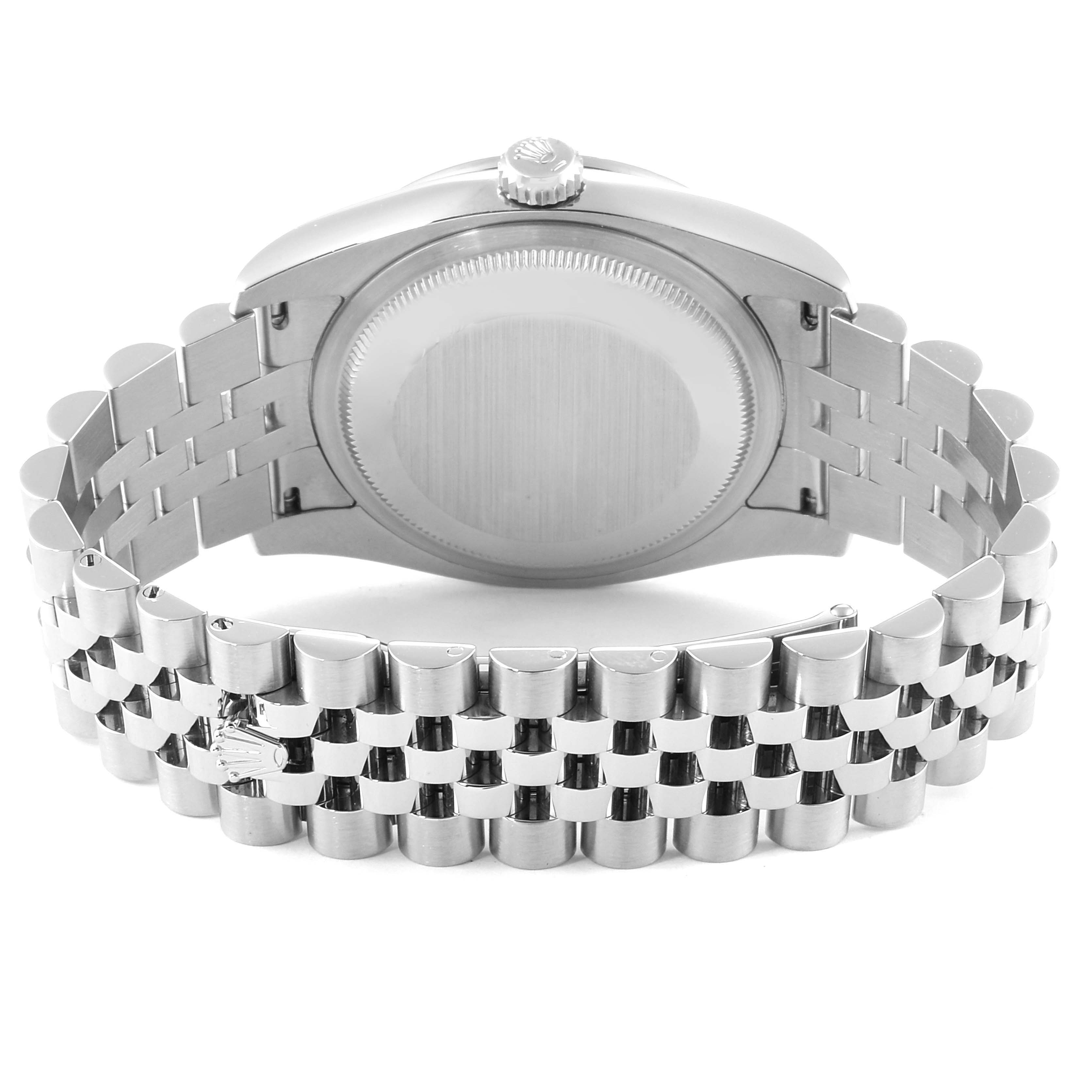This image shows the back view of the Rolex Datejust 116244 Men's Stainless Steel Mother of Pearl Dial 116244 Men's Stainless Steel Mother of Pearl Dial, highlighting its case back and Jubilee bracelet.