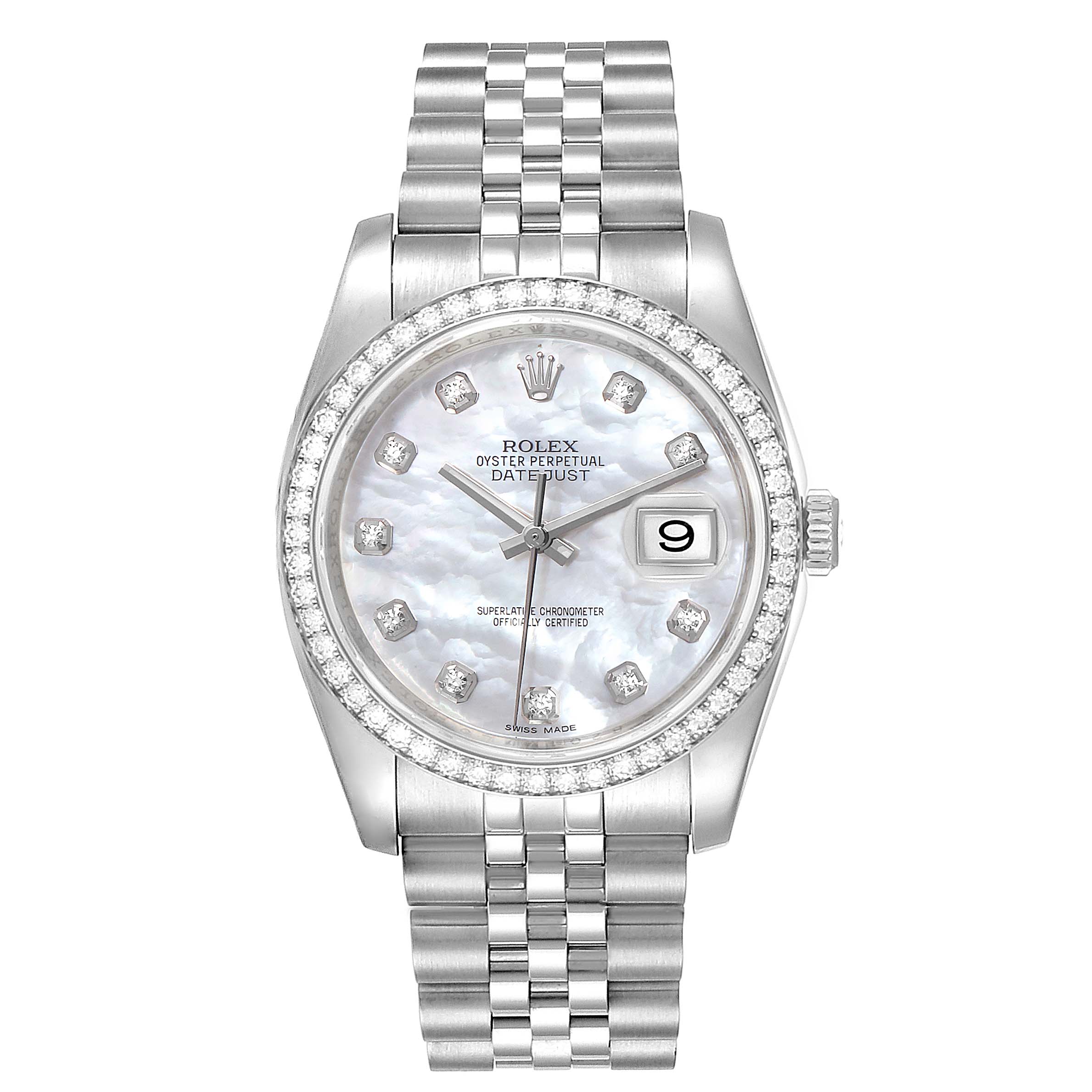 The image shows a frontal view of the Rolex Datejust 116244 Men's Stainless Steel Mother of Pearl Dial 116244 Men's Stainless Steel Mother of Pearl Dial watch, displaying the face, bezel, and part of the bracelet.