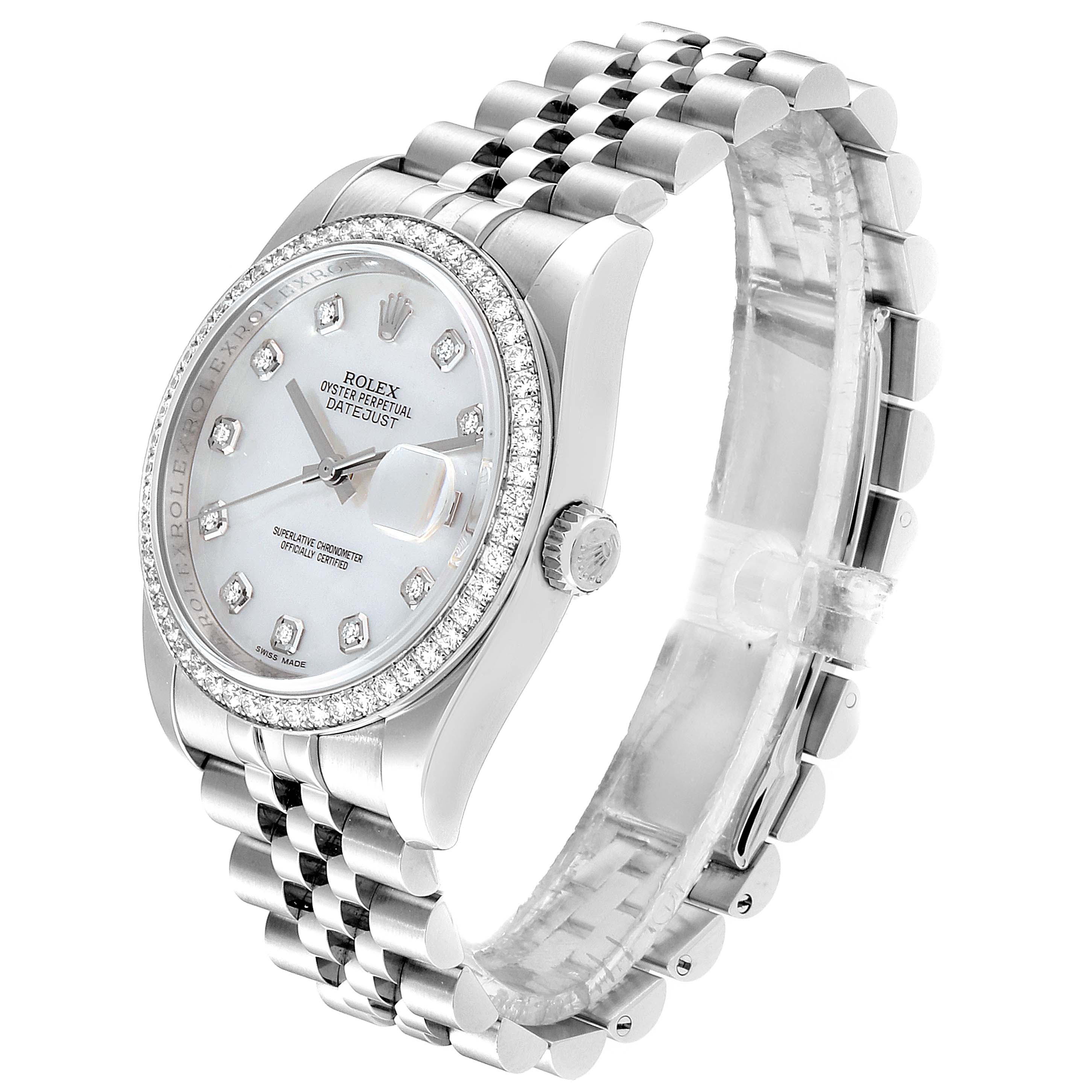 This image shows a Rolex Datejust 116244 Men's Stainless Steel Mother of Pearl Dial 116244 Men's Stainless Steel Mother of Pearl Dial watch from a three-quarter angle, displaying its face, bezel, and part of the bracelet.