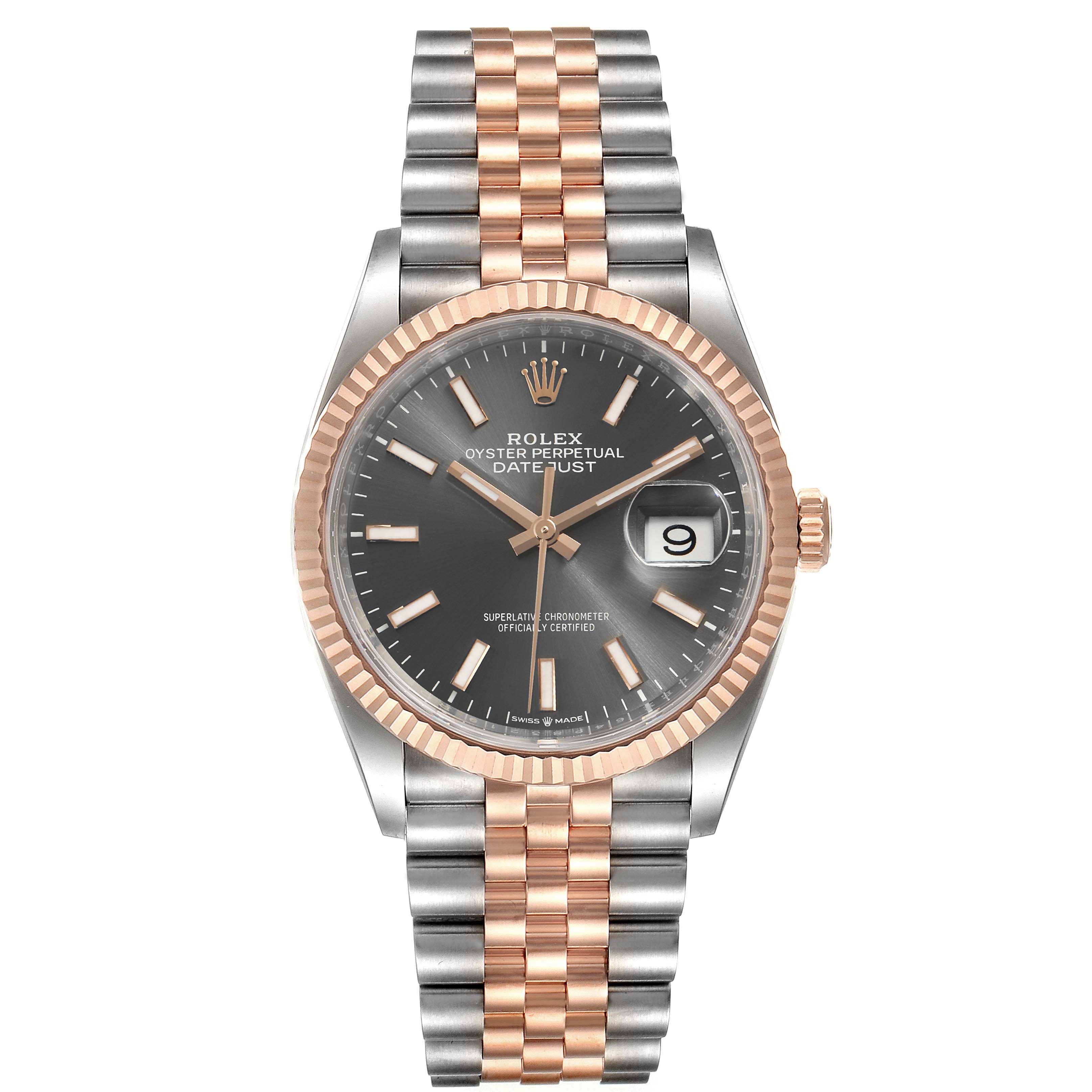 The Rolex Datejust 126231 Men
s Steel and Gold (two tone) Grey Dial 126231 Men
s Steel and Gold (two tone) Grey Dial watch is shown from a front angle, displaying the face, bezel, hands, crown, and two-tone bracelet.