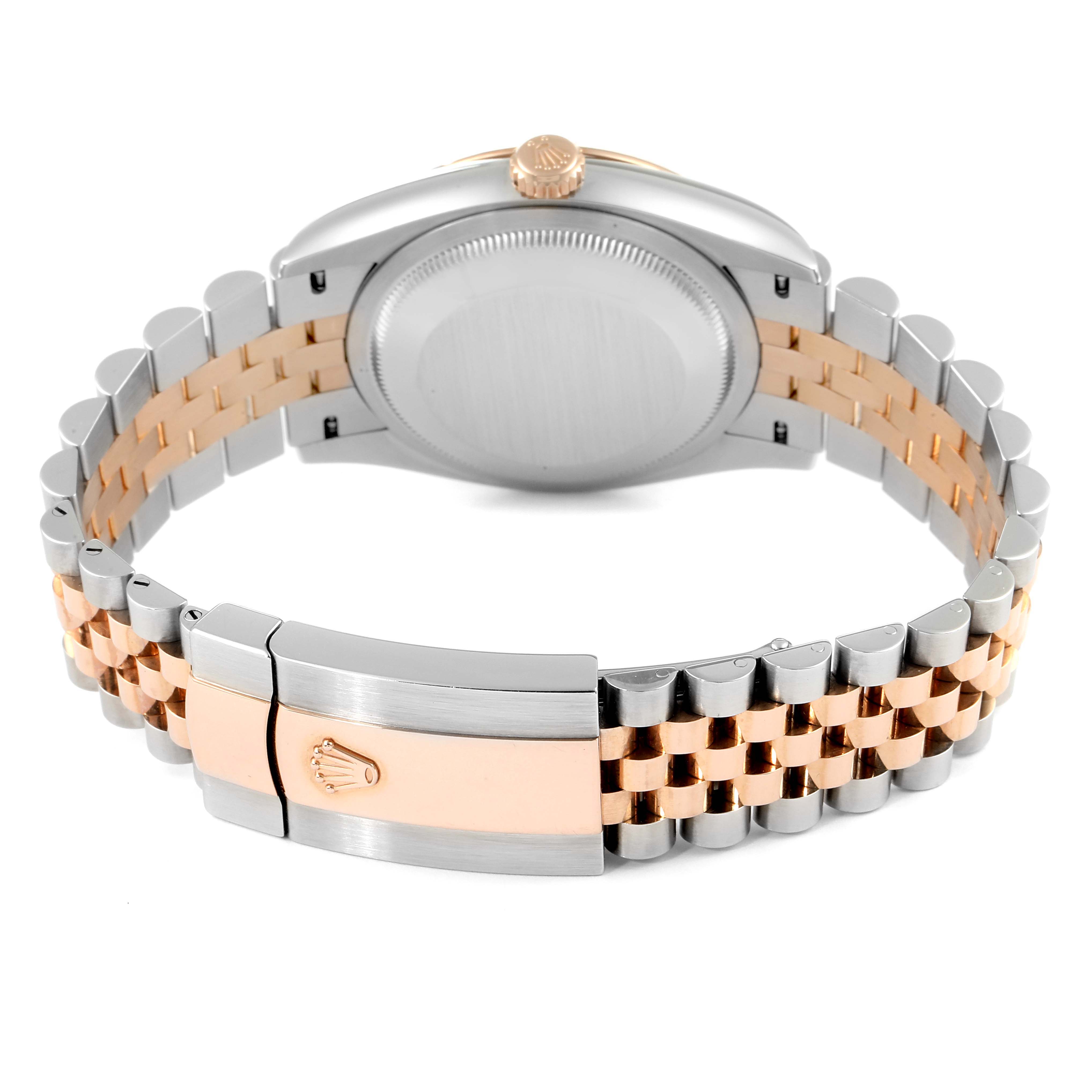 This image shows the back of a Rolex Datejust 126231 Men
s Steel and Gold (two tone) Grey Dial 126231 Men
s Steel and Gold (two tone) Grey Dial watch, highlighting the clasp and two-tone metal bracelet.