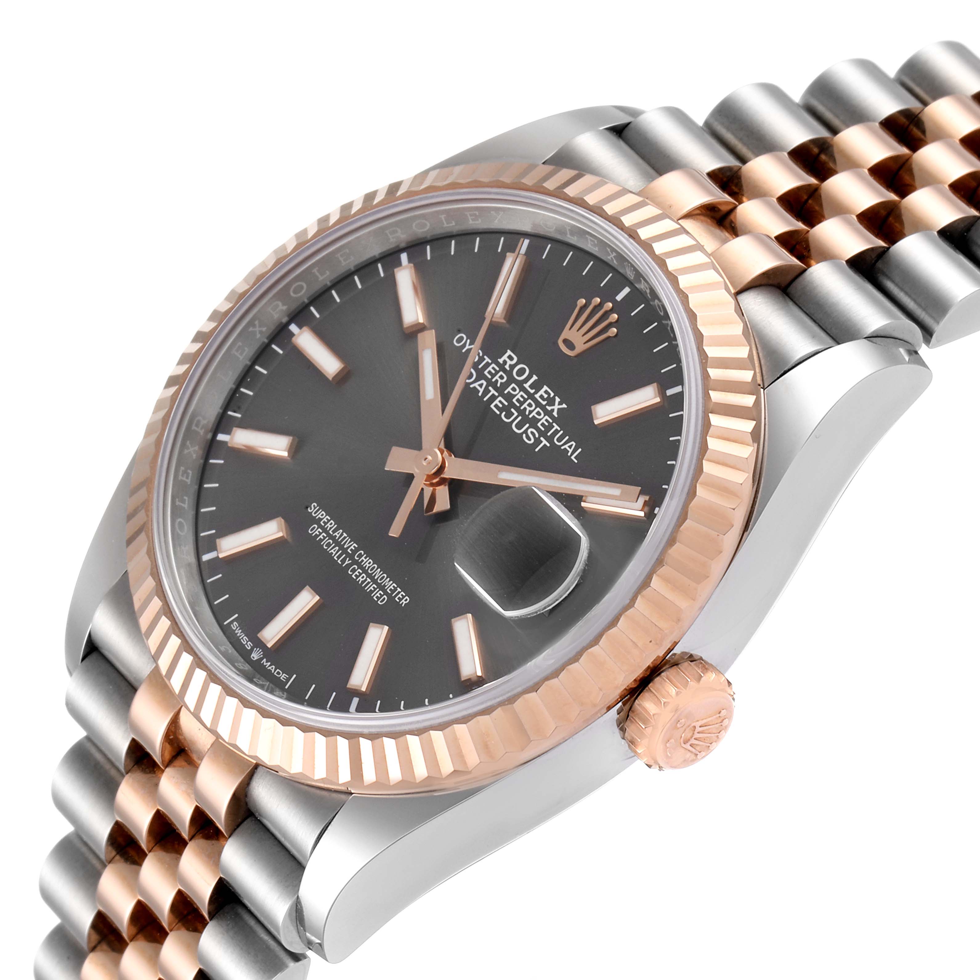 The image shows a Rolex Datejust 126231 Men
s Steel and Gold (two tone) Grey Dial 126231 Men
s Steel and Gold (two tone) Grey Dial watch at an angle highlighting its dial, bezel, crown, and part of its bracelet.