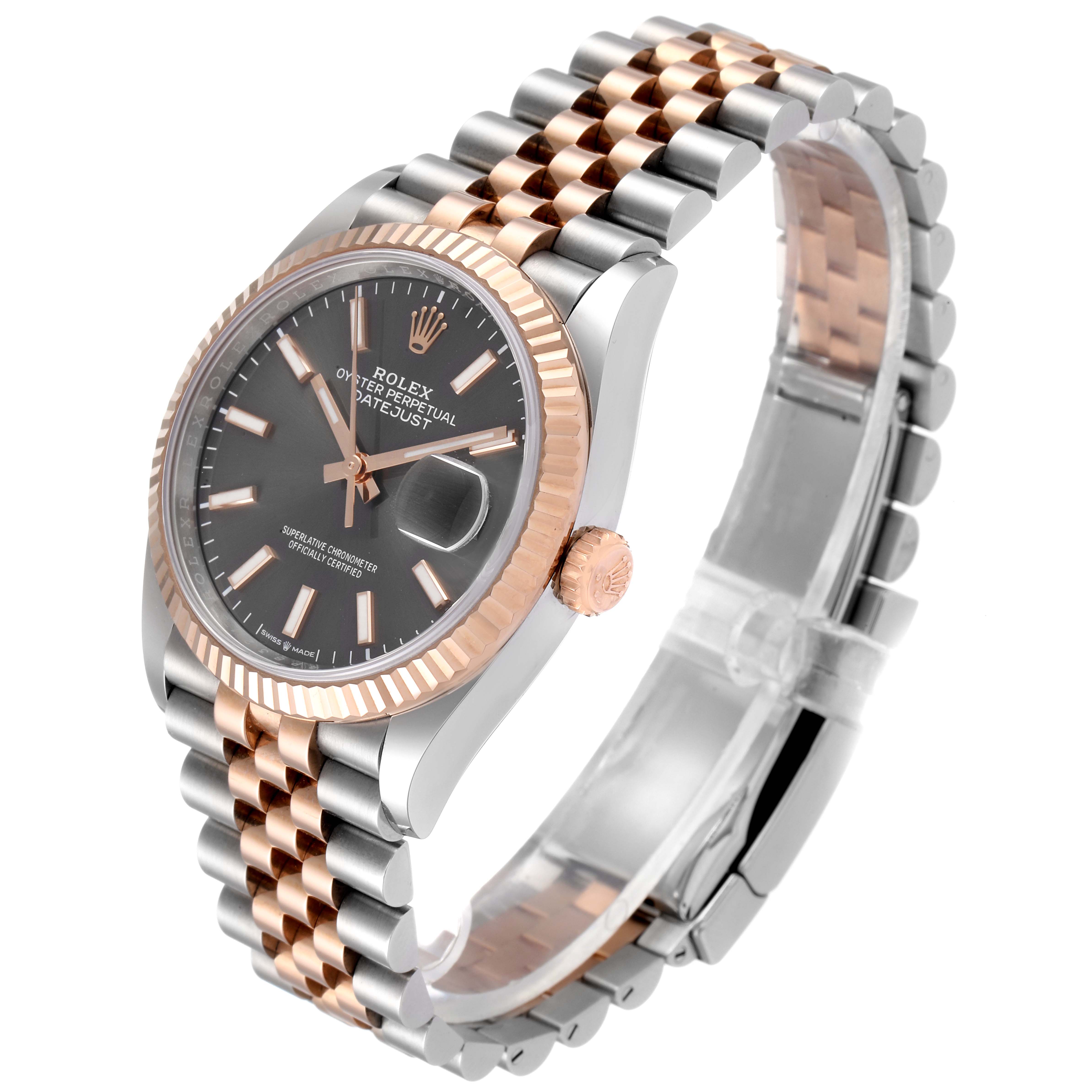 This Rolex Datejust 126231 Men
s Steel and Gold (two tone) Grey Dial 126231 Men
s Steel and Gold (two tone) Grey Dial watch is shown at a slight angle, highlighting the face, bezel, and two-tone bracelet.