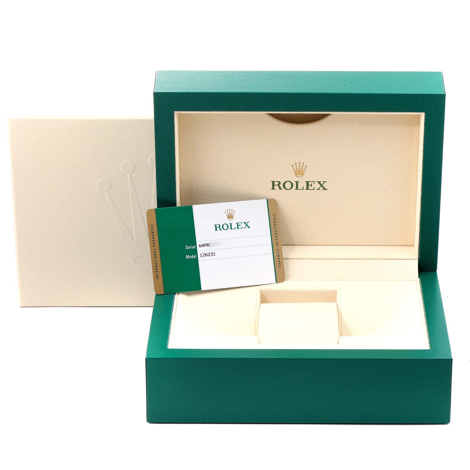 The image shows an open Rolex Datejust 126231 Men
s Steel and Gold (two tone) Grey Dial 126231 Men
s Steel and Gold (two tone) Grey Dial watch box with a model information card and outer packaging.