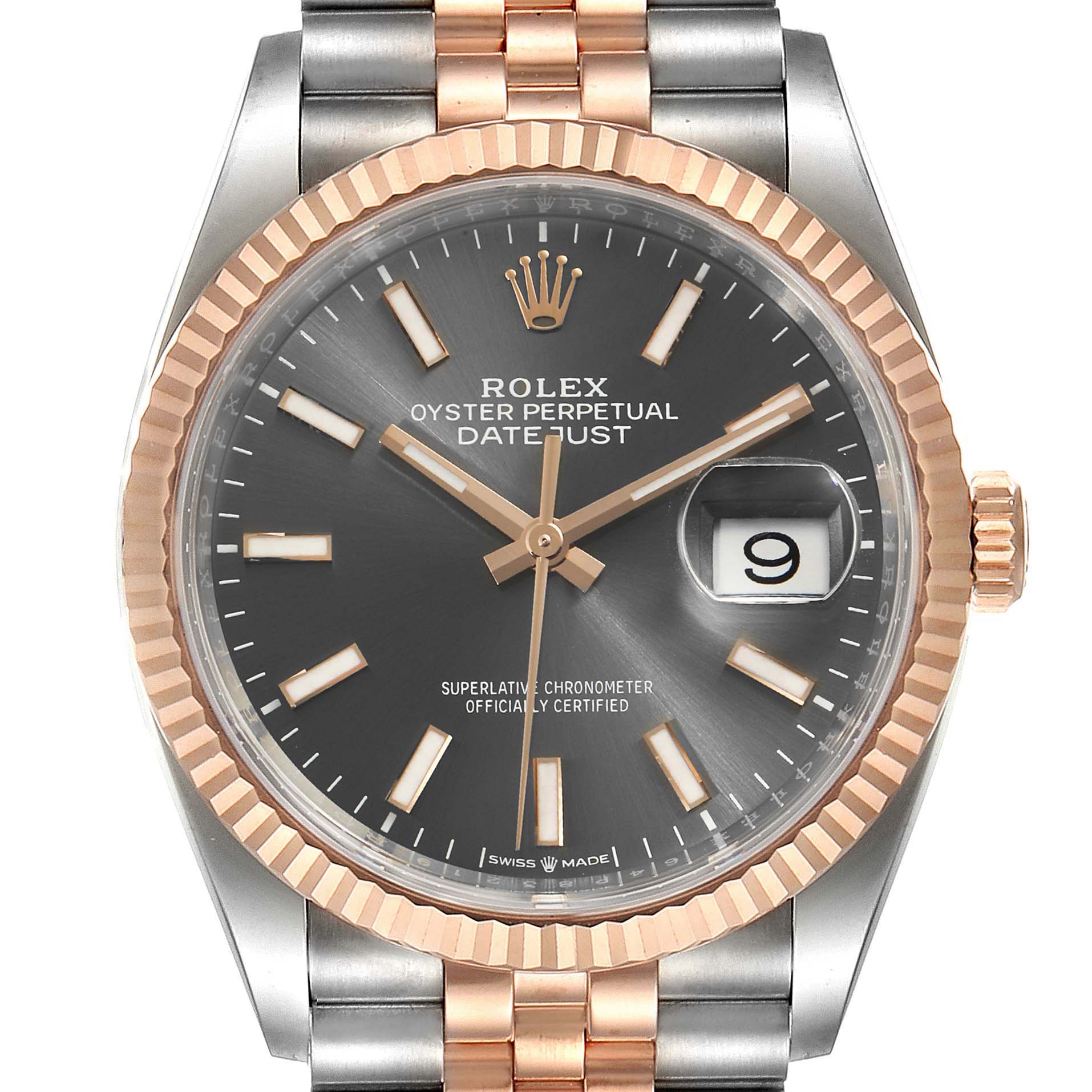 The image shows a close-up, frontal view of the face and part of the bracelet of a Rolex Datejust 126231 Men
s Steel and Gold (two tone) Grey Dial 126231 Men
s Steel and Gold (two tone) Grey Dial watch.