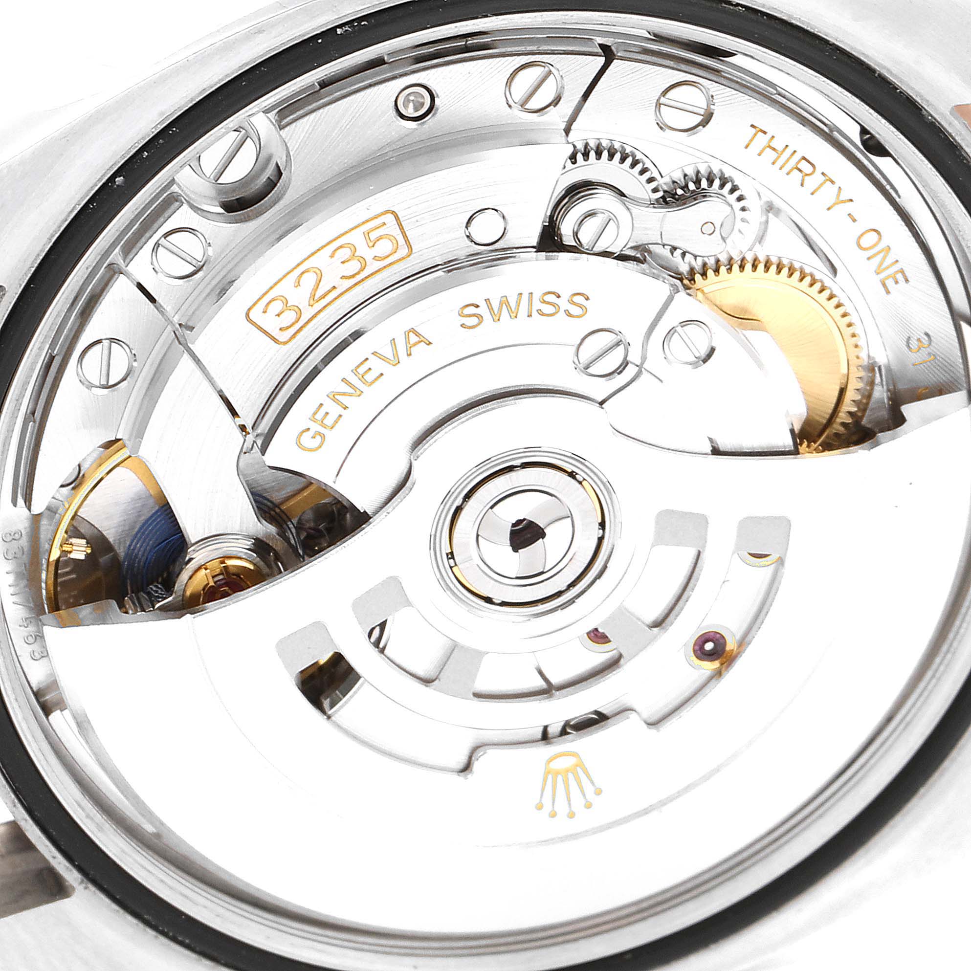 This image shows the movement and internal mechanics of the Rolex Datejust 126231 Men
s Steel and Gold (two tone) Grey Dial 126231 Men
s Steel and Gold (two tone) Grey Dial watch, specifically the 3235 caliber.