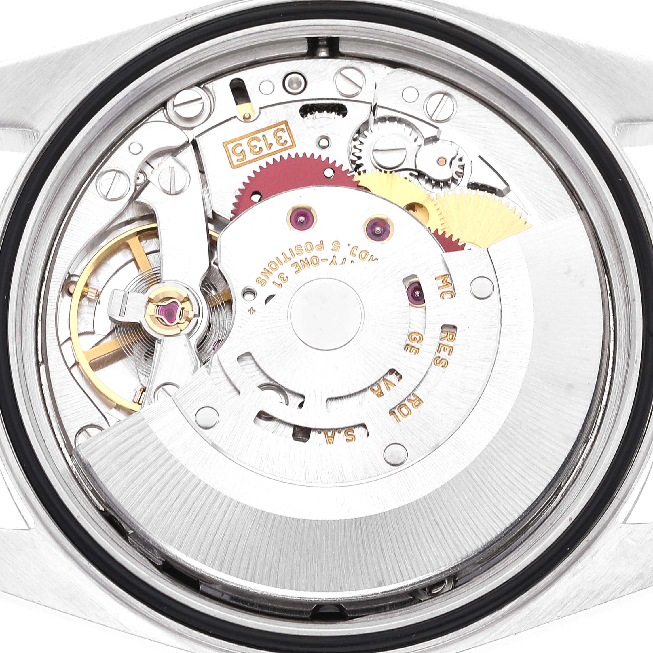 This is a top-down view of the internal movement components of a Rolex Datejust 16234 Men's Stainless Steel Black Dial 16234 Men's Stainless Steel Black Dial watch.