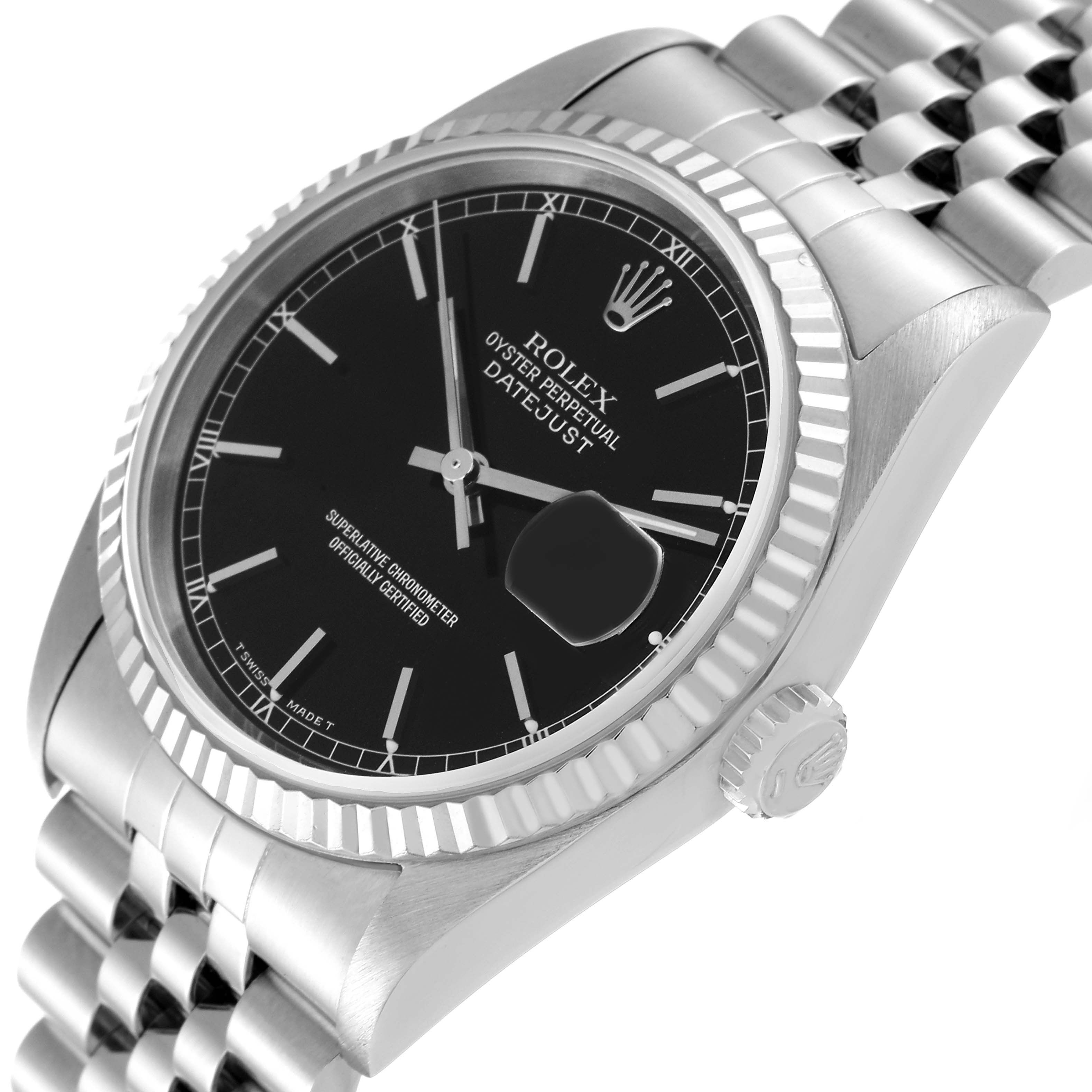 This image shows the Rolex Datejust 16234 Men's Stainless Steel Black Dial 16234 Men's Stainless Steel Black Dial watch at an angled view, highlighting its black dial, fluted bezel, and jubilee bracelet.