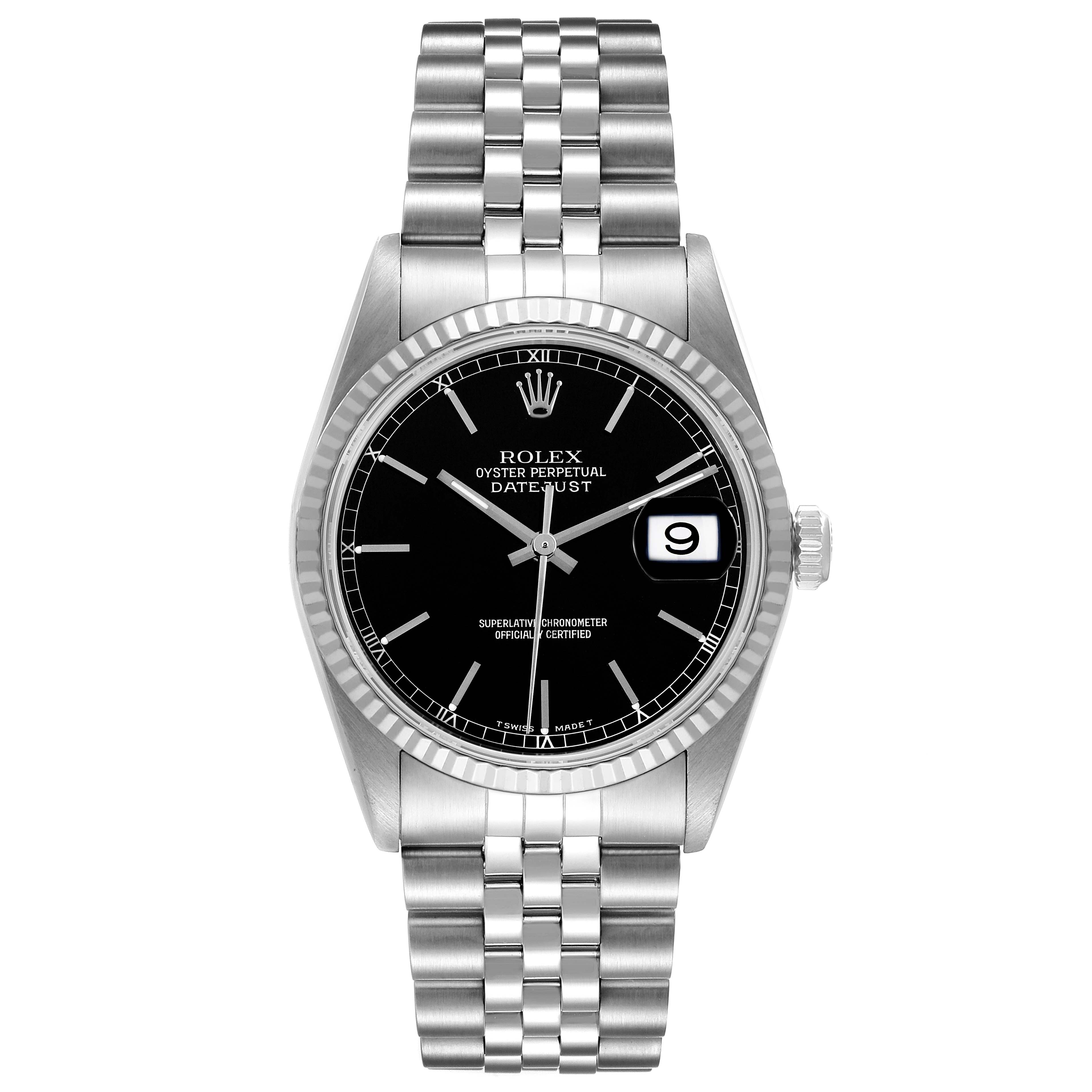 This image shows a front view of a Rolex Datejust 16234 Men's Stainless Steel Black Dial 16234 Men's Stainless Steel Black Dial watch, highlighting its dial, bezel, and bracelet.