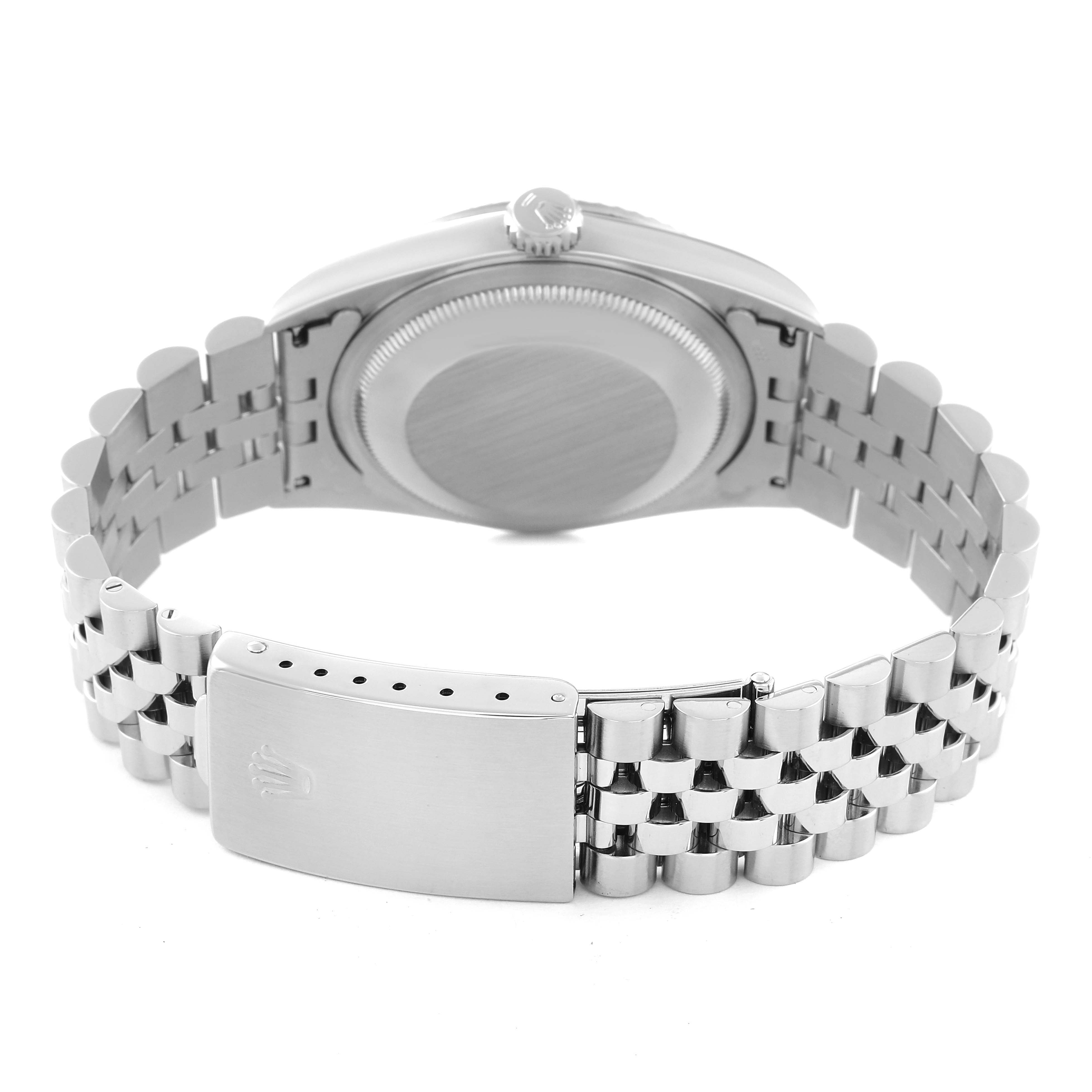 The image shows the back view of the Rolex Datejust 16234 Men's Stainless Steel Black Dial 16234 Men's Stainless Steel Black Dial watch, highlighting its stainless steel case and Jubilee bracelet.