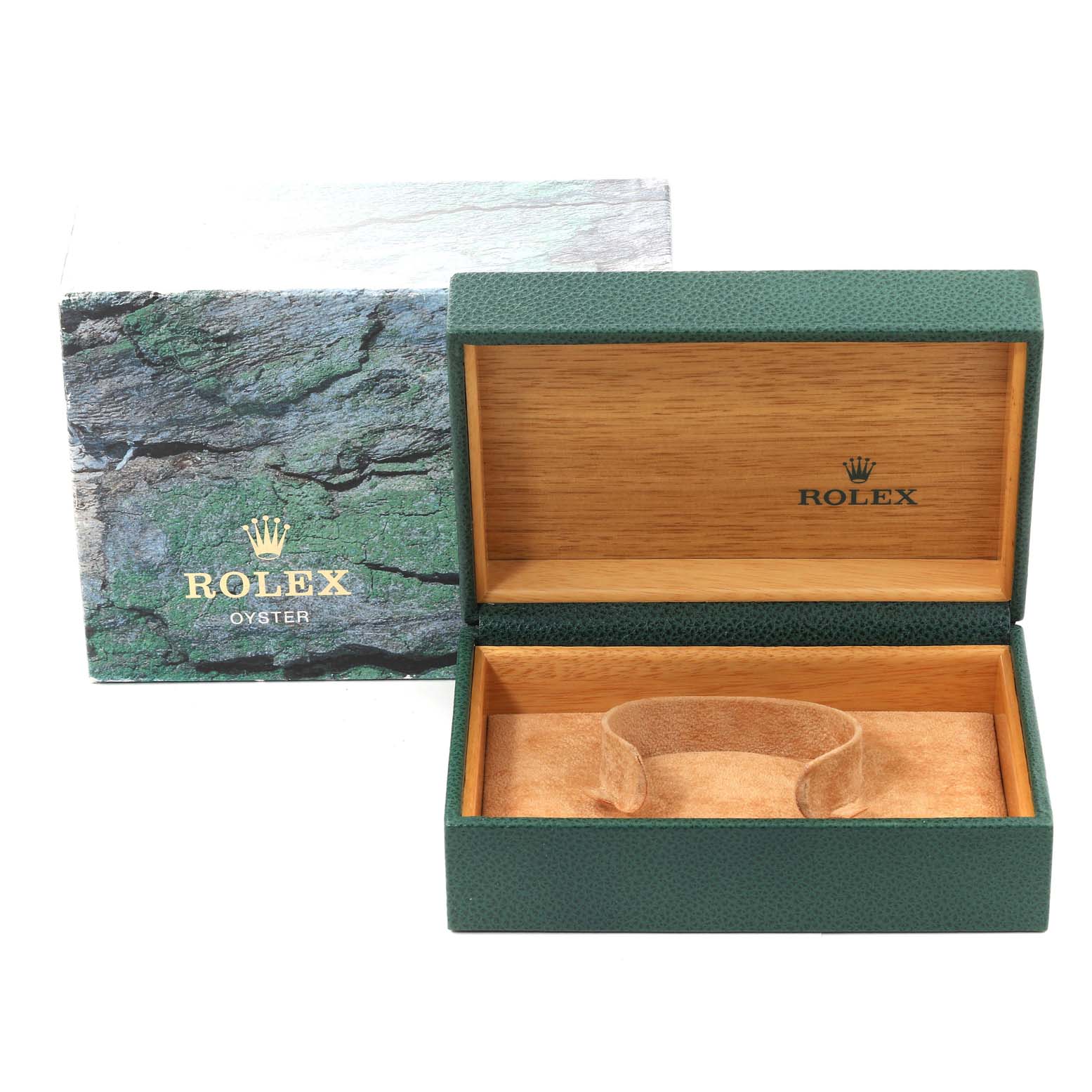 The image shows an open Rolex Datejust 16234 Men's Stainless Steel Black Dial 16234 Men's Stainless Steel Black Dial watch box with a green exterior and wooden interior, along with its outer packaging.