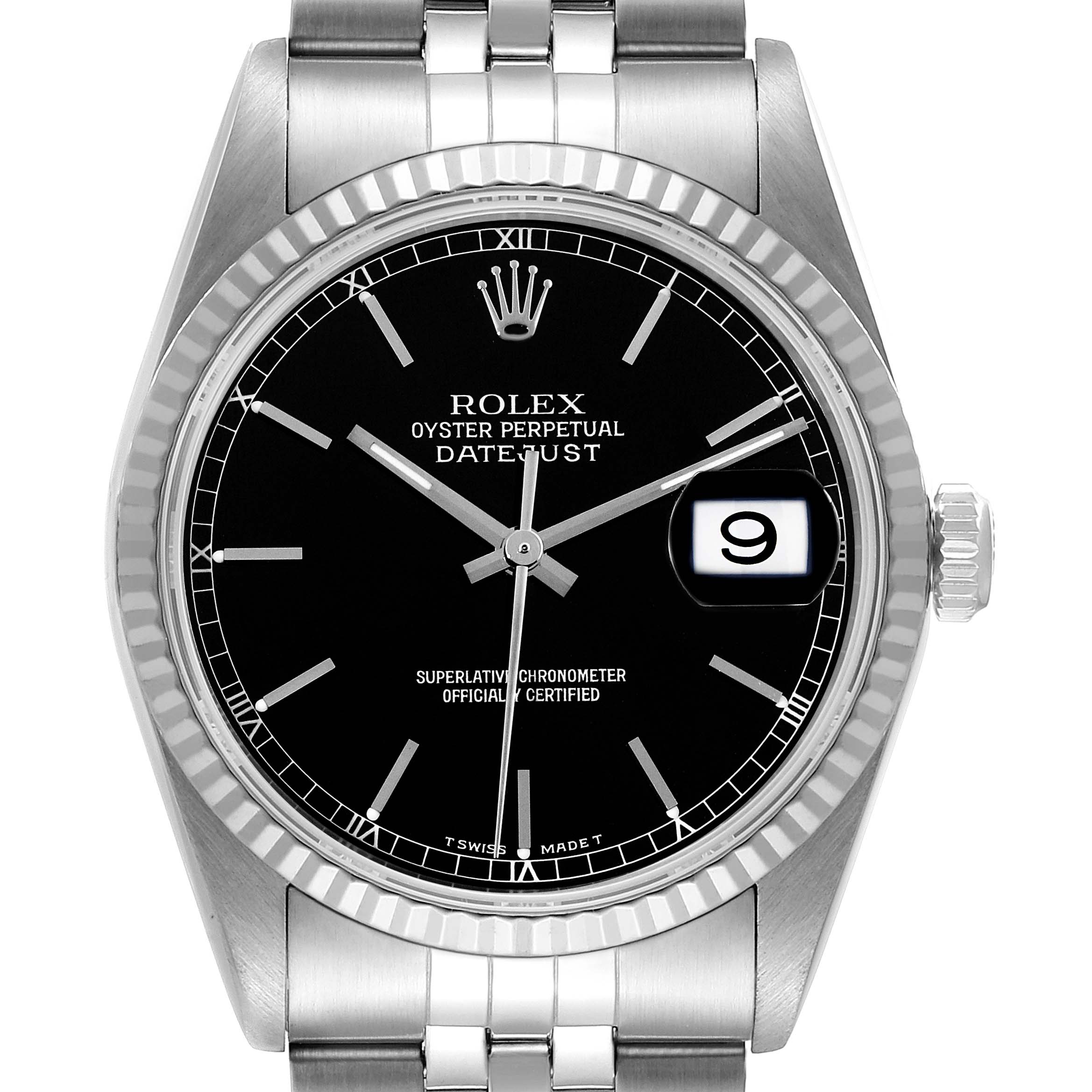 The image shows a front view of a Rolex Datejust 16234 Men's Stainless Steel Black Dial 16234 Men's Stainless Steel Black Dial watch, highlighting its black dial, fluted bezel, date window, and Jubilee bracelet.