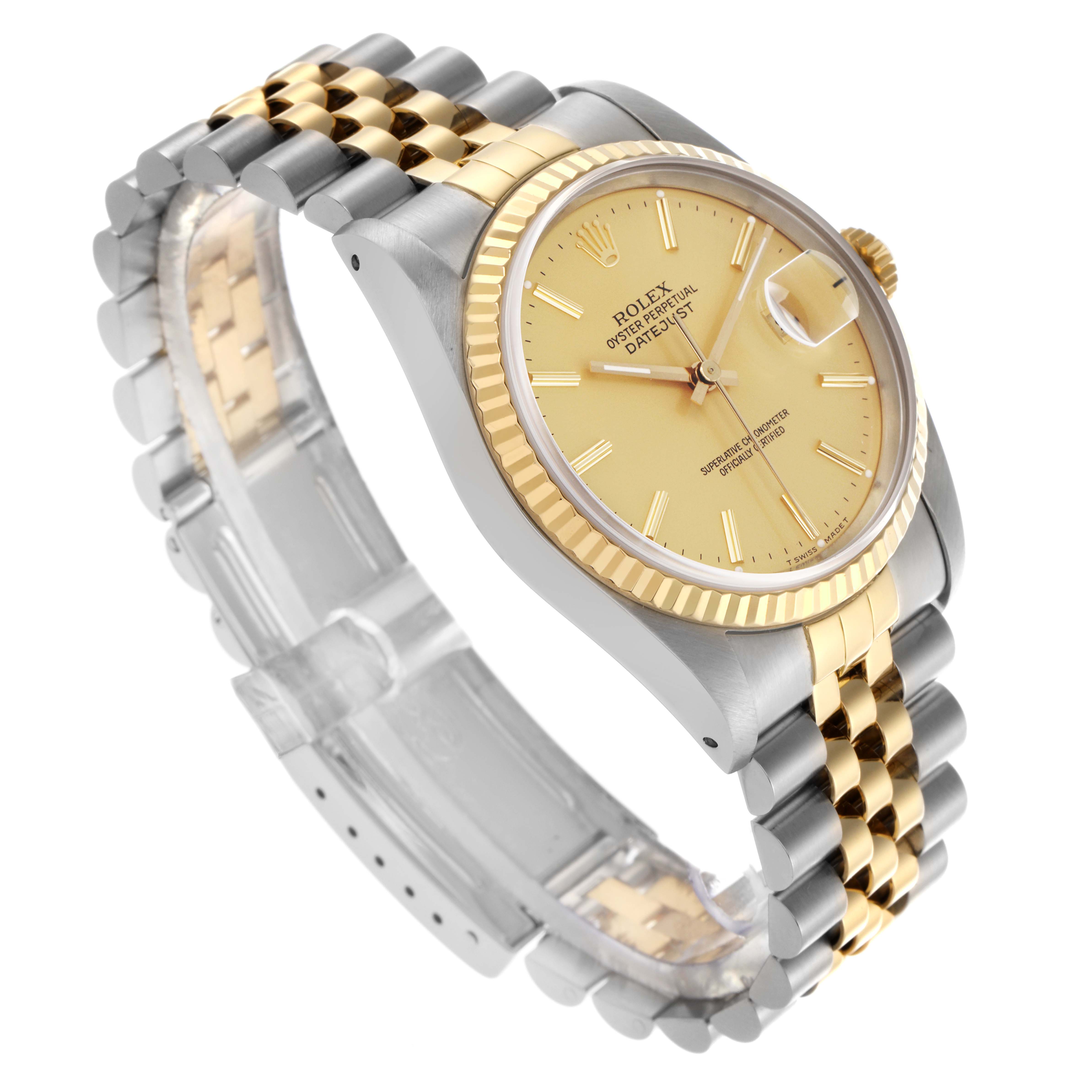The image shows a Rolex Datejust 16233 Men's Steel and Gold (two tone) Champagne Dial 16233 Men's Steel and Gold (two tone) Champagne Dial watch from a three-quarter angle, highlighting its gold dial, fluted bezel, and two-tone Jubilee bracelet.