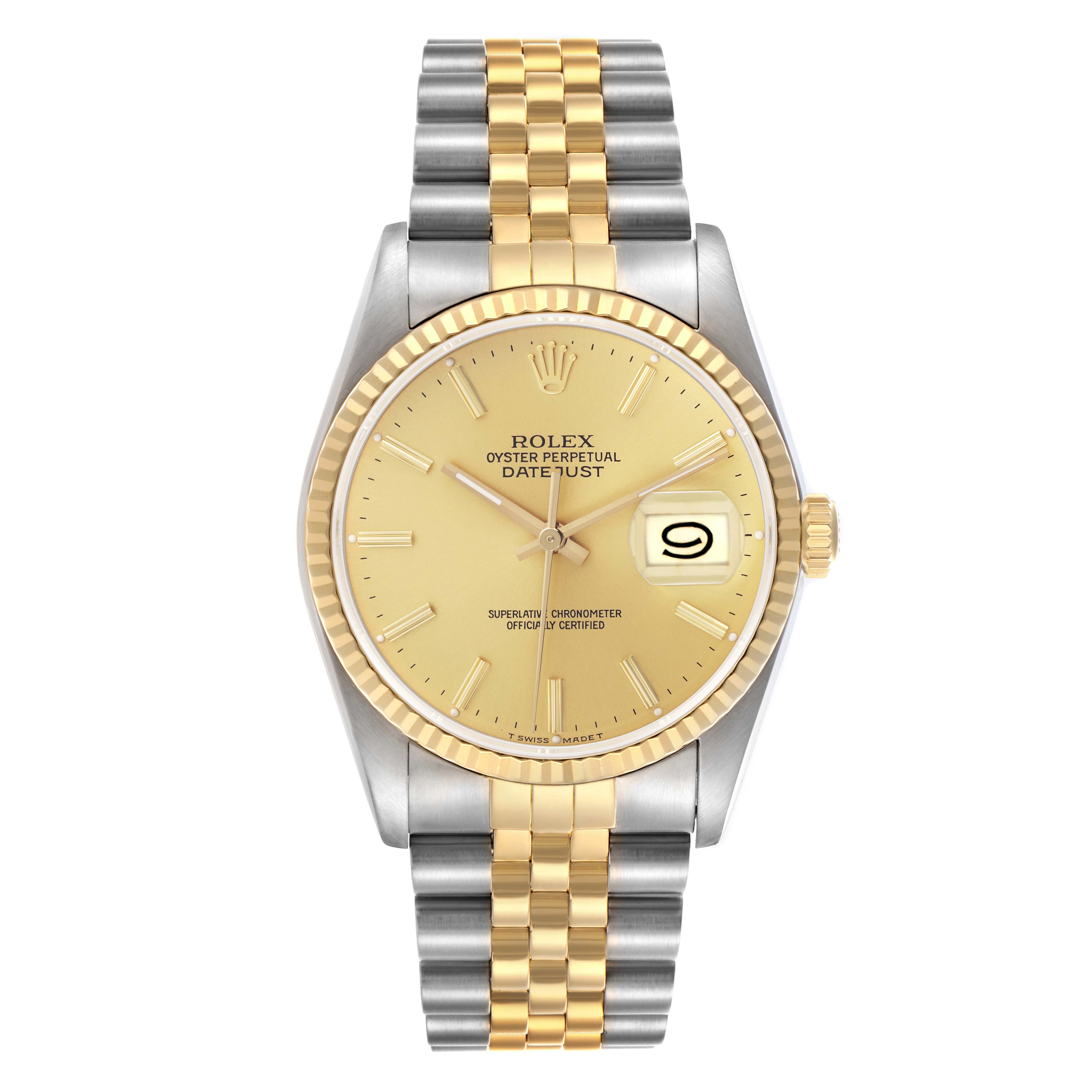 The Rolex Datejust 16233 Men's Steel and Gold (two tone) Champagne Dial 16233 Men's Steel and Gold (two tone) Champagne Dial watch is shown from a front angle, displaying its face, bezel, and bracelet.