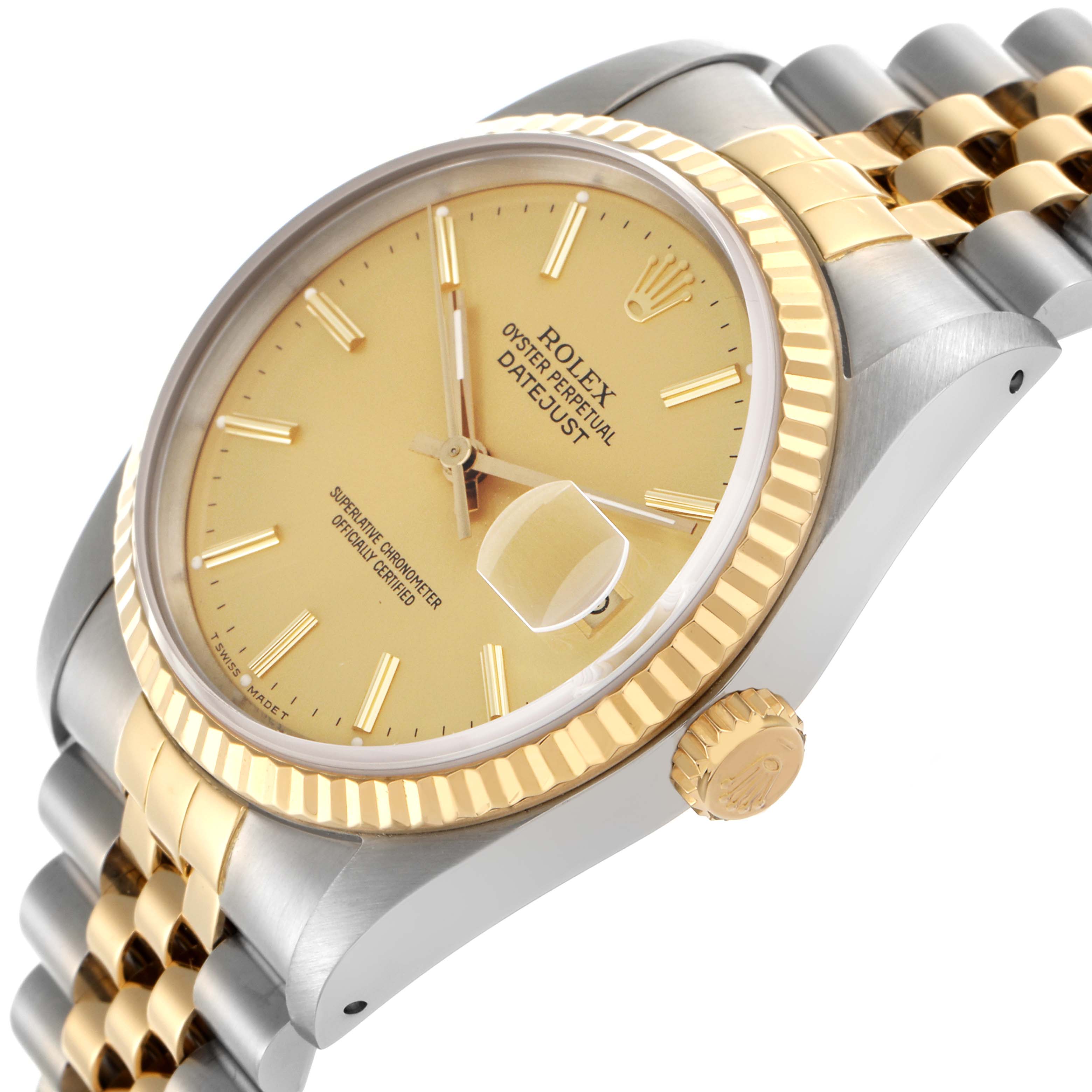 The Rolex Datejust 16233 Men's Steel and Gold (two tone) Champagne Dial 16233 Men's Steel and Gold (two tone) Champagne Dial watch is shown at an angle highlighting the face, bezel, crown, and part of the bracelet.