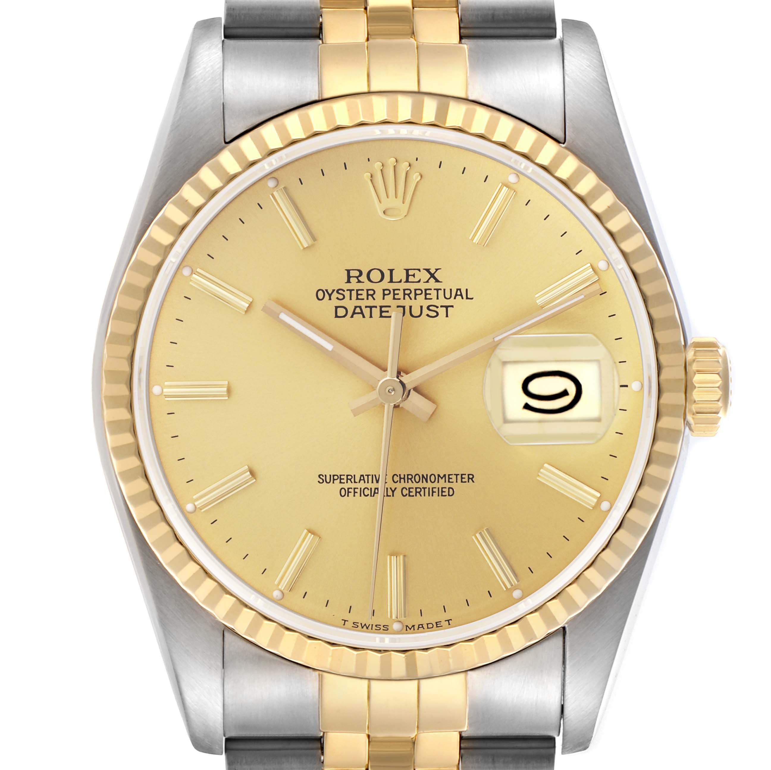 The image shows a Rolex Datejust 16233 Men's Steel and Gold (two tone) Champagne Dial 16233 Men's Steel and Gold (two tone) Champagne Dial watch from the front, highlighting the gold dial, date magnifier, and two-tone bracelet.