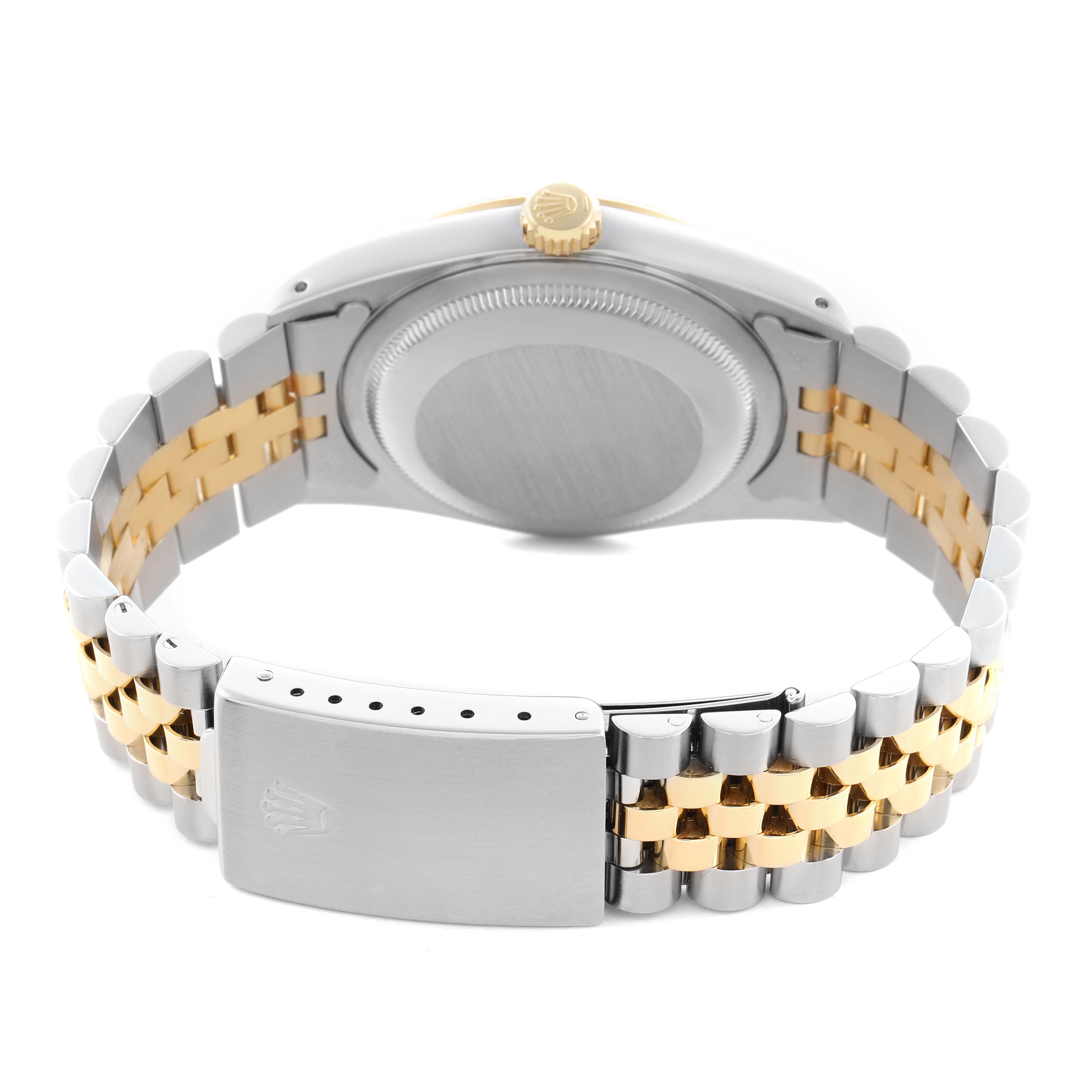 The image shows the backside of the Rolex Datejust 16233 Men's Steel and Gold (two tone) Champagne Dial 16233 Men's Steel and Gold (two tone) Champagne Dial watch, focusing on the two-tone bracelet, clasp, and case back.