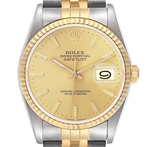 The Rolex Datejust watch is shown from a front angle, highlighting its yellow dial, fluted bezel, and Jubilee bracelet.