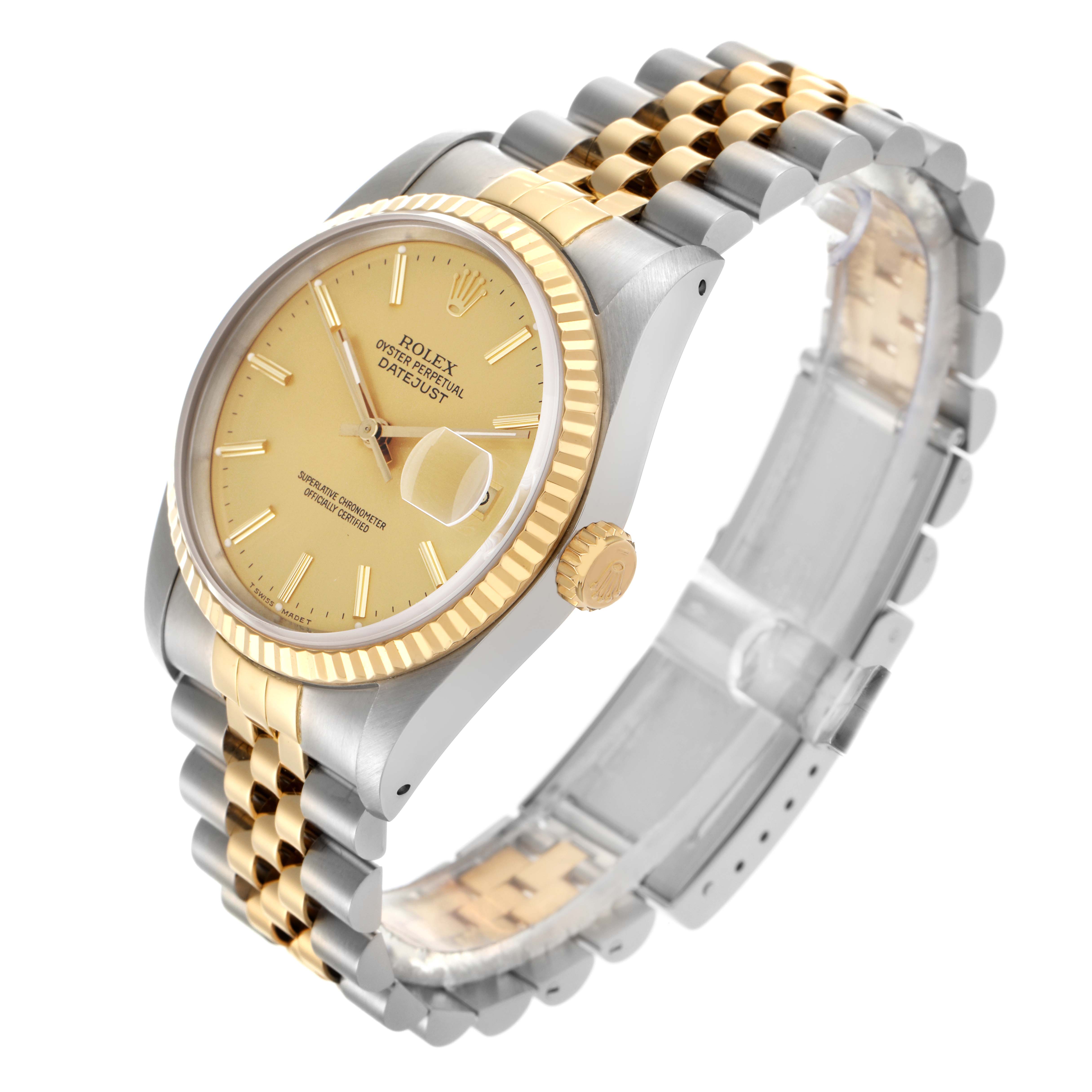 The Rolex Datejust 16233 Men's Steel and Gold (two tone) Champagne Dial 16233 Men's Steel and Gold (two tone) Champagne Dial watch is shown at a three-quarter angle highlighting the face, bezel, crown, and jubilee bracelet.