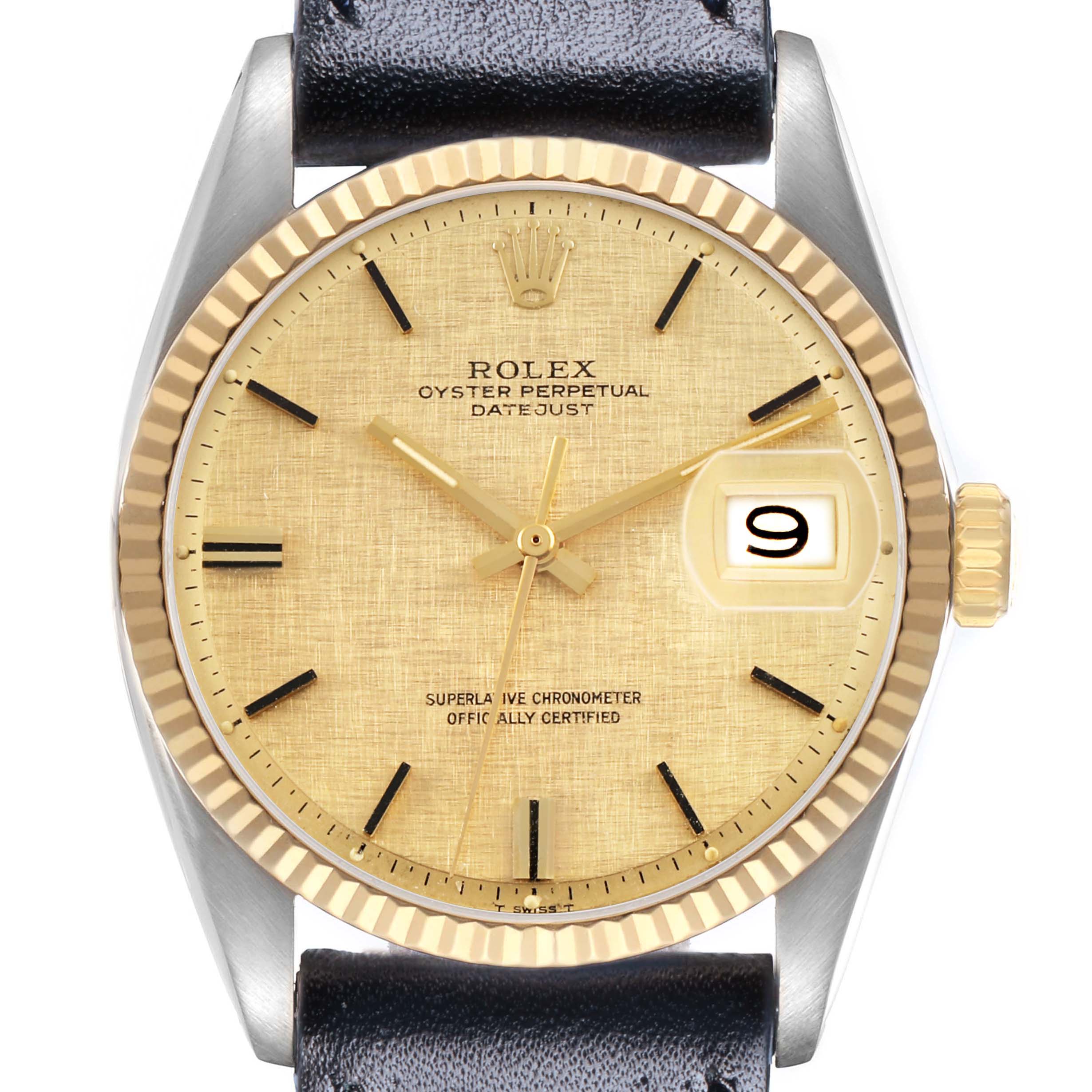 The Rolex Datejust 1601 Men's Steel and Gold (two tone) Champagne Dial watch is shown from a front angle highlighting the dial, bezel, crown, and part of the strap.
