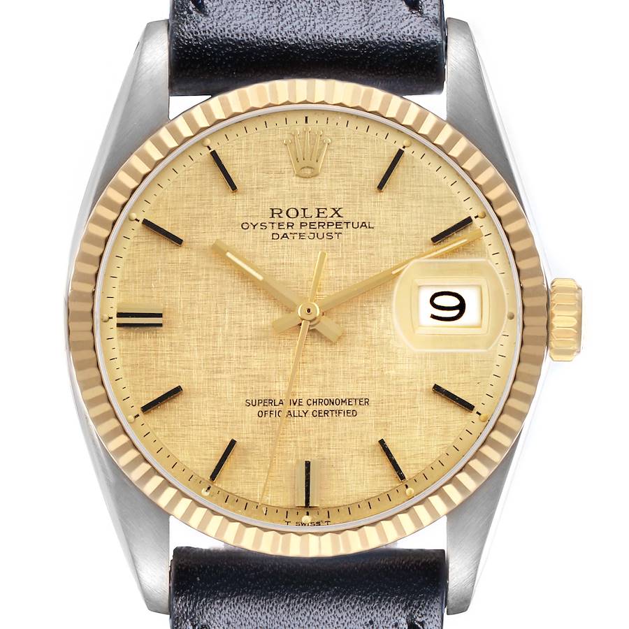 The Rolex Datejust 1601 Men's Steel and Gold (two tone) Champagne Dial watch is shown from a front angle highlighting the dial, bezel, crown, and part of the strap.