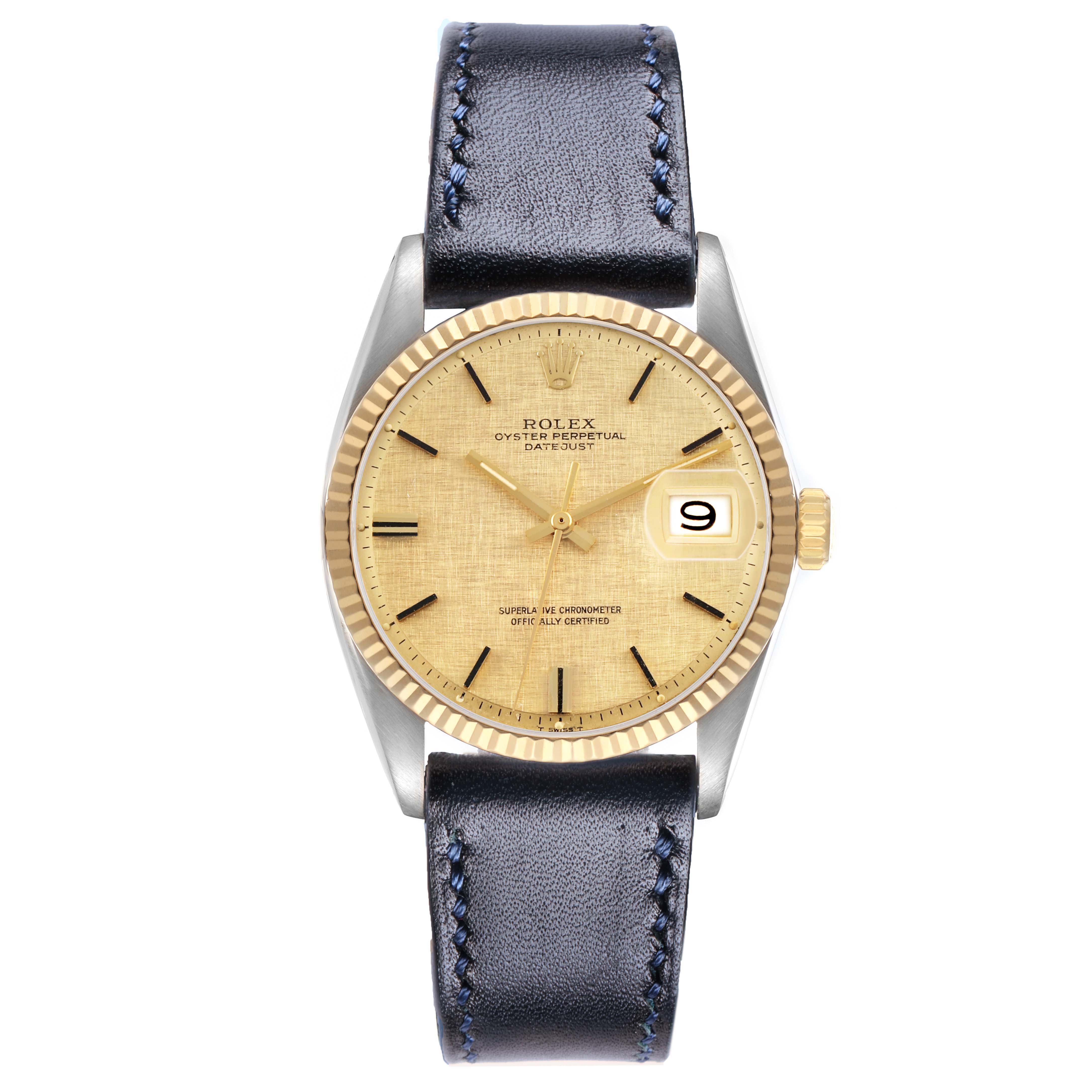 The Rolex Datejust 1601 Men's Steel and Gold (two tone) Champagne Dial watch is shown from the front, highlighting the dial, bezel, and leather strap with a focus on the date feature.