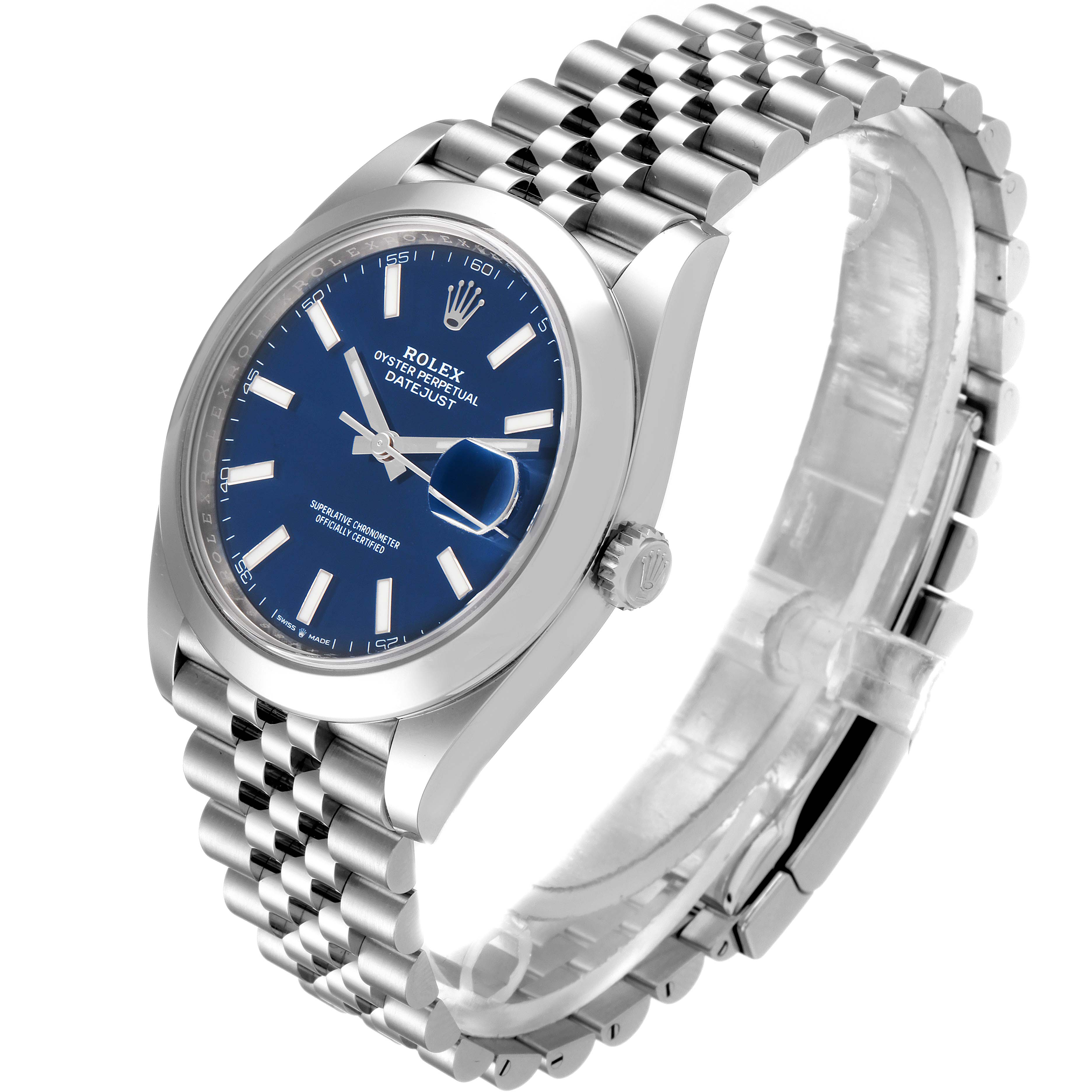 The image shows a Rolex Datejust 41 126300 Men's Stainless Steel Blue Dial 126300 Men's Stainless Steel Blue Dial watch at a three-quarter angle, highlighting its blue dial, fluted bezel, and Jubilee bracelet.