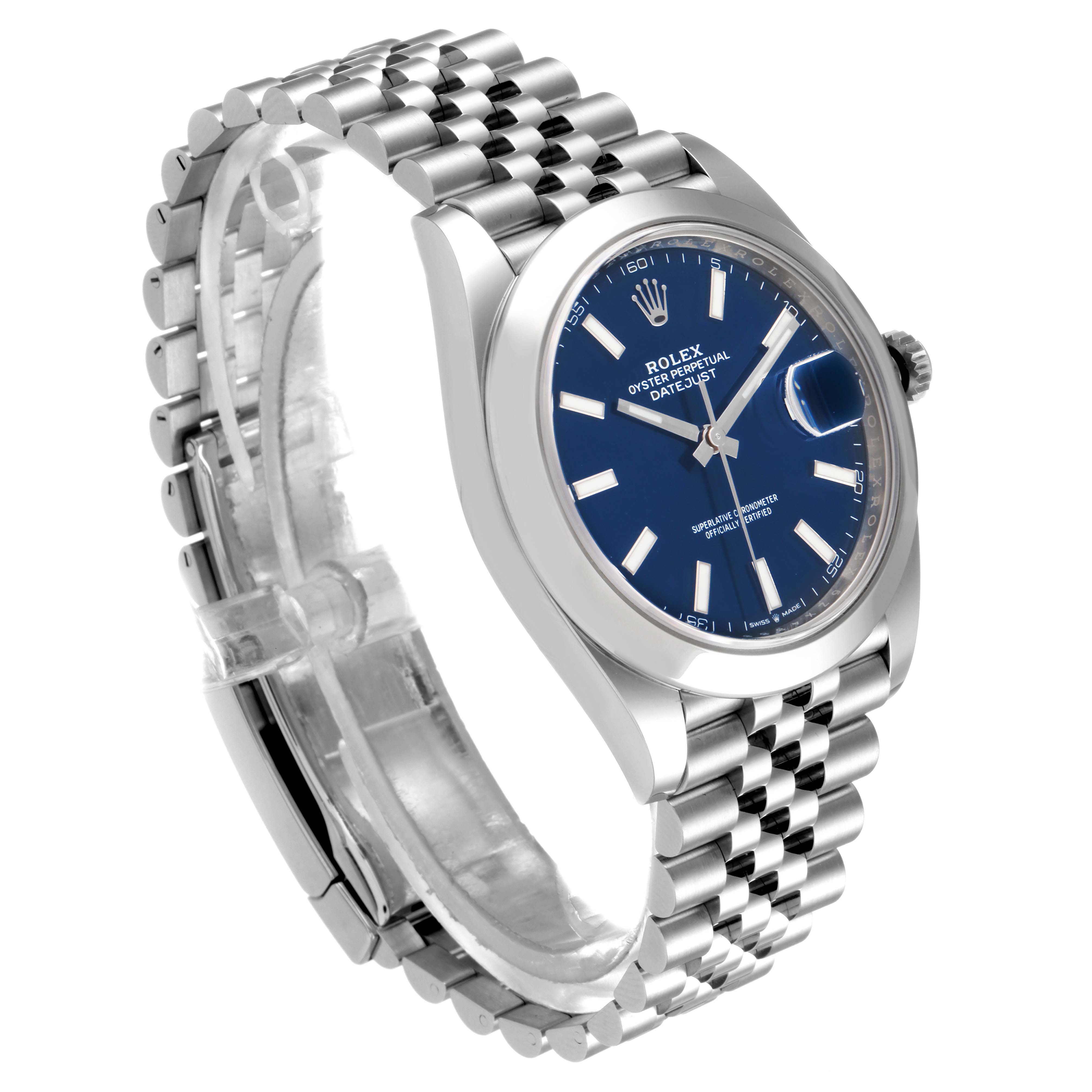 The image shows a side-angle view of a Rolex Datejust 41 126300 Men's Stainless Steel Blue Dial 126300 Men's Stainless Steel Blue Dial watch, highlighting its blue dial and Jubilee bracelet.