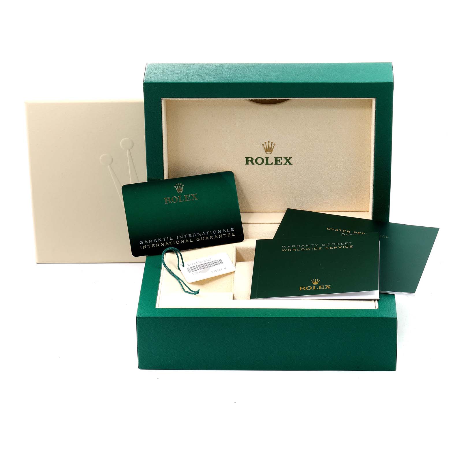 This image shows the packaging and accessories for a Rolex Datejust 41 126300 Men's Stainless Steel Blue Dial 126300 Men's Stainless Steel Blue Dial, including a green box, documents, and guarantee card.