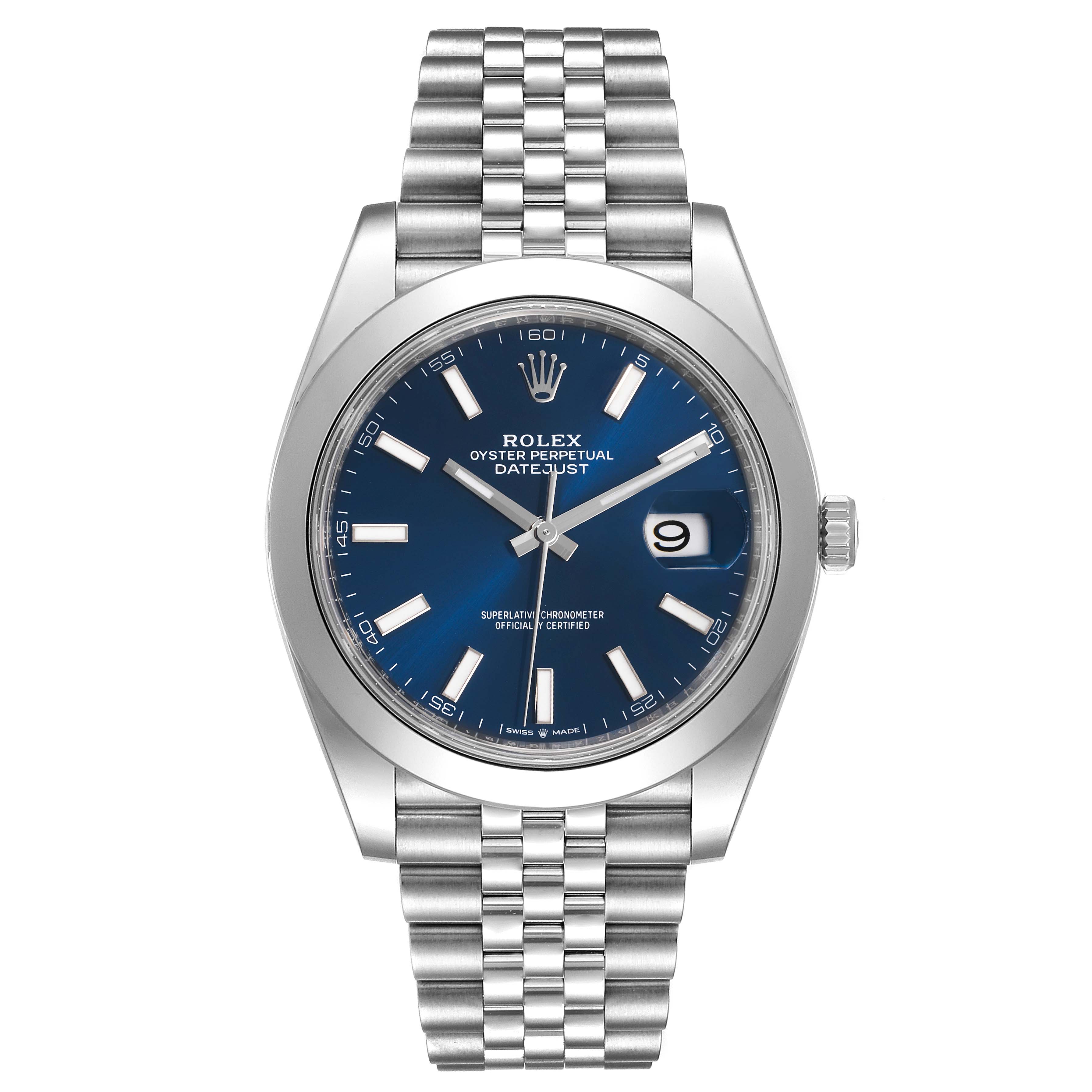 The image shows a frontal view of the Rolex Datejust 41 126300 Men's Stainless Steel Blue Dial 126300 Men's Stainless Steel Blue Dial model displaying its face, bezel, crown, and bracelet.