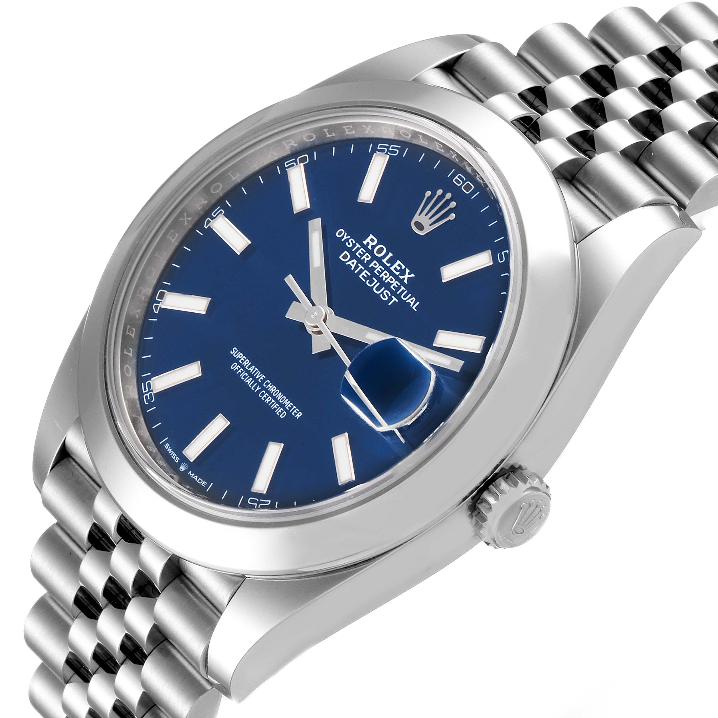The image shows a Rolex Datejust 41 126300 Men's Stainless Steel Blue Dial 126300 Men's Stainless Steel Blue Dial watch angled to display its blue dial, crown, and part of the bracelet.