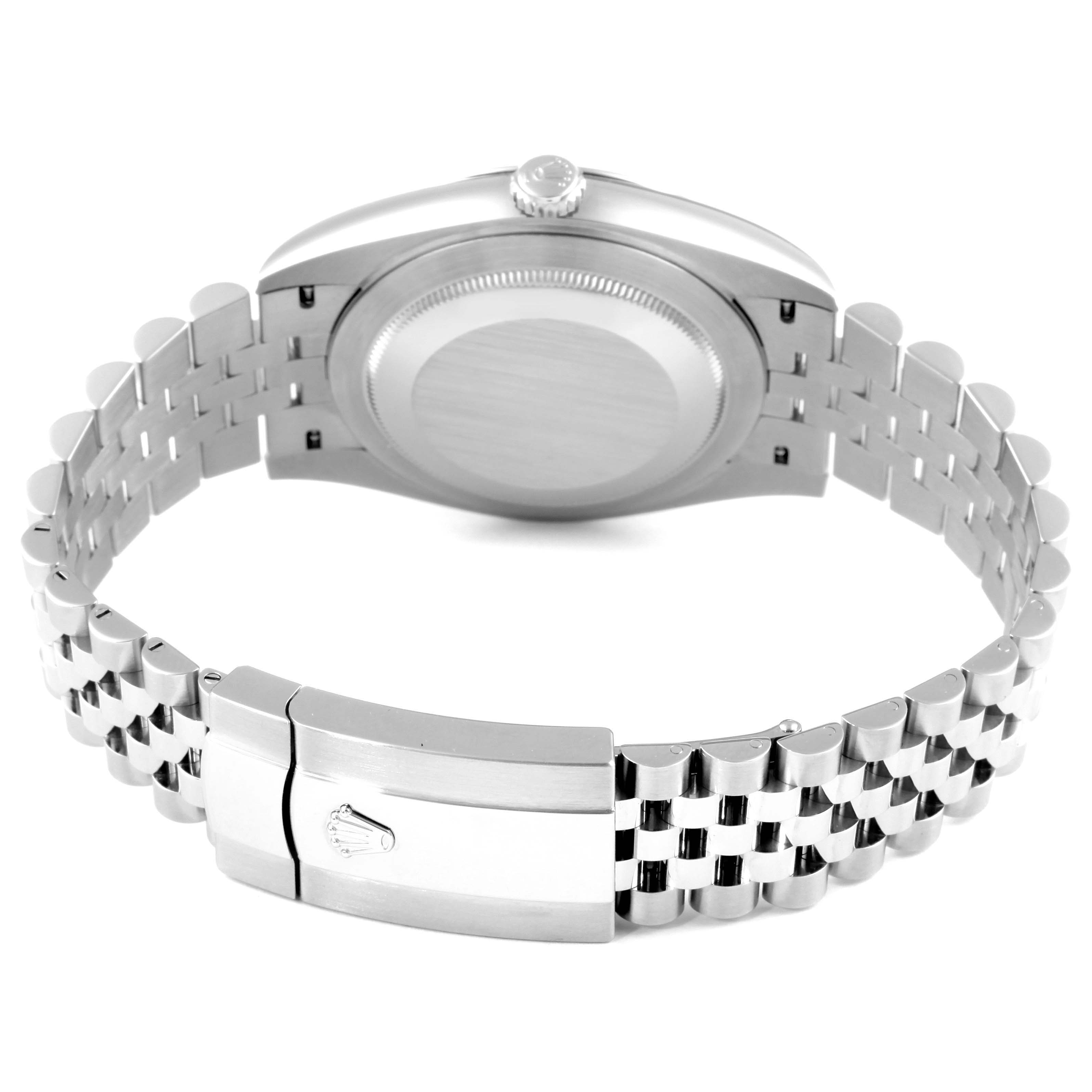 This image shows the back case and clasp of a Rolex Datejust 41 126300 Men's Stainless Steel Blue Dial 126300 Men's Stainless Steel Blue Dial model, with the bracelet extended.