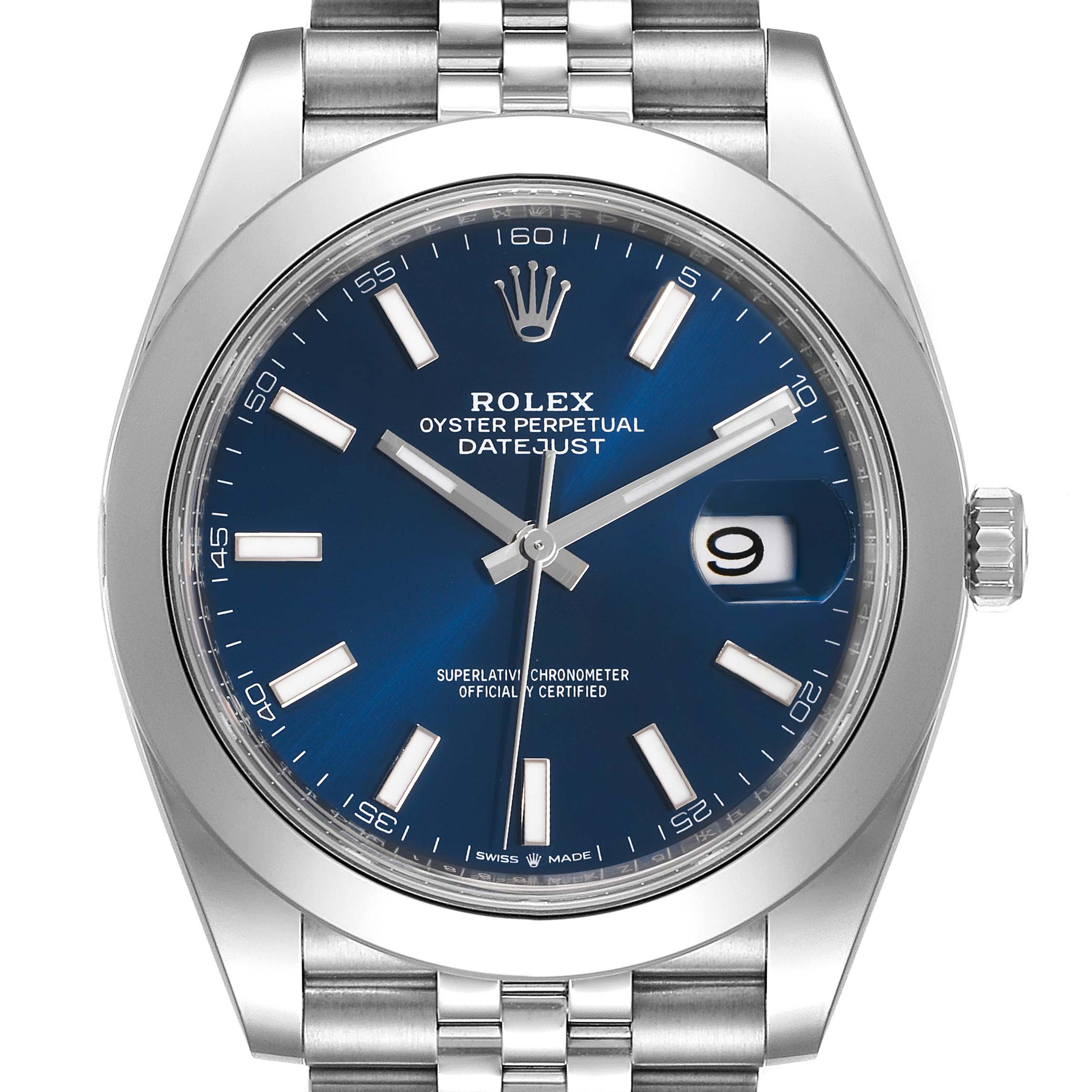 This is a front view of a Rolex Datejust 41 126300 Men's Stainless Steel Blue Dial 126300 Men's Stainless Steel Blue Dial watch, showcasing its blue dial, date feature, and stainless steel case and bracelet.