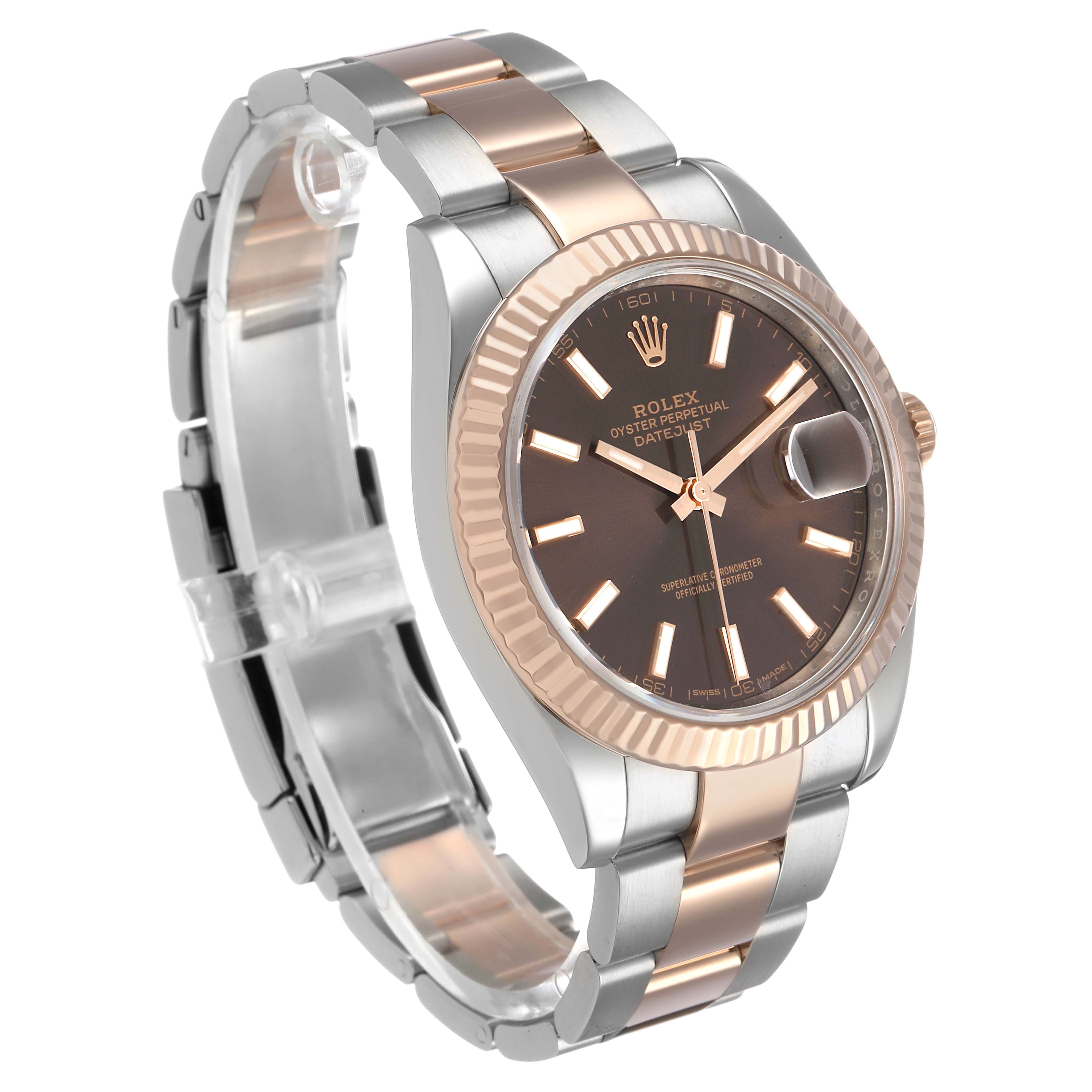 The Rolex Datejust 41 126331 Men's Steel and Gold (two tone) Brown Dial is shown at a three-quarter angle, highlighting the face, bezel, and two-tone bracelet.
