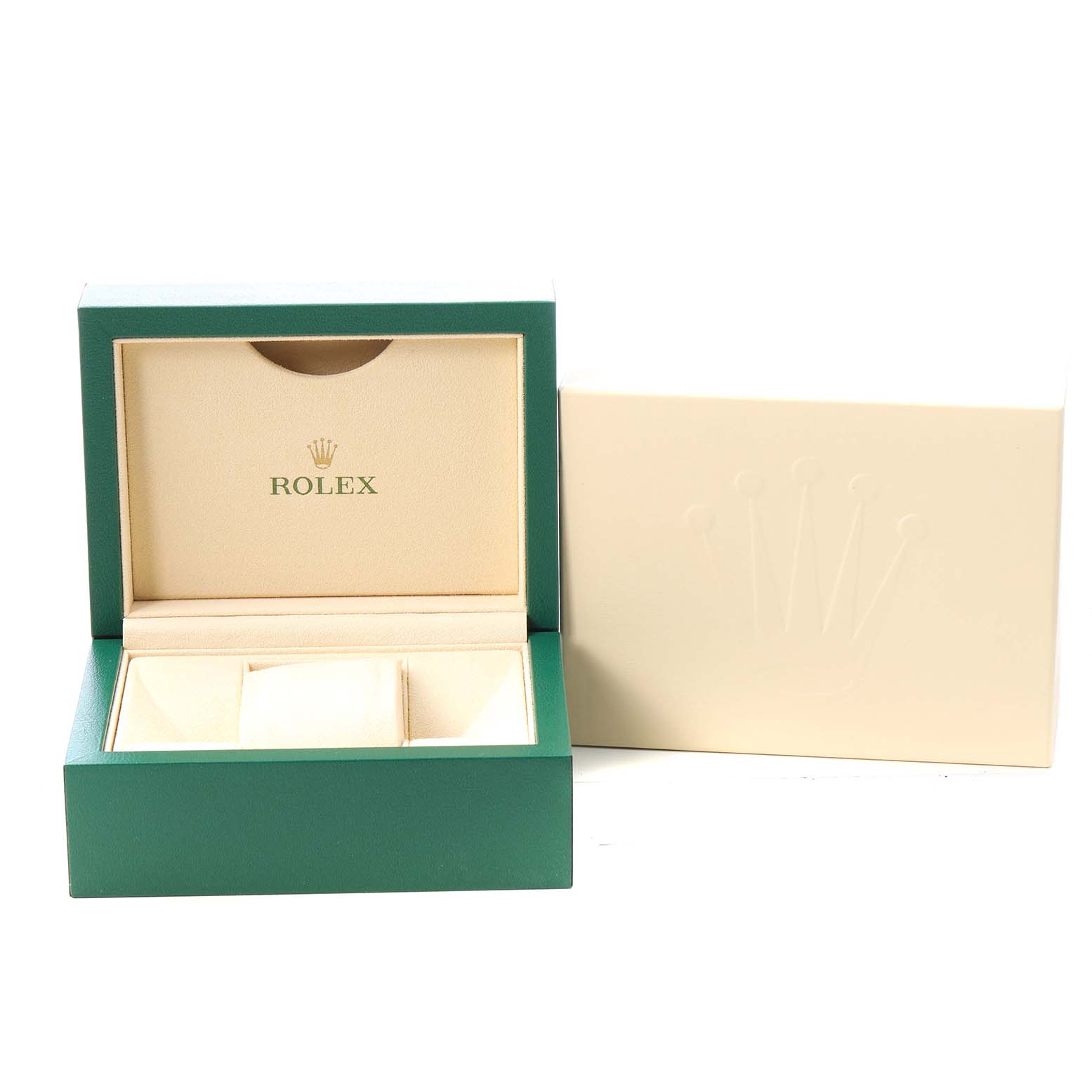 The image shows an open Rolex Datejust 41 126331 Men's Steel and Gold (two tone) Brown Dial box, featuring the green outer box and inner cushion.