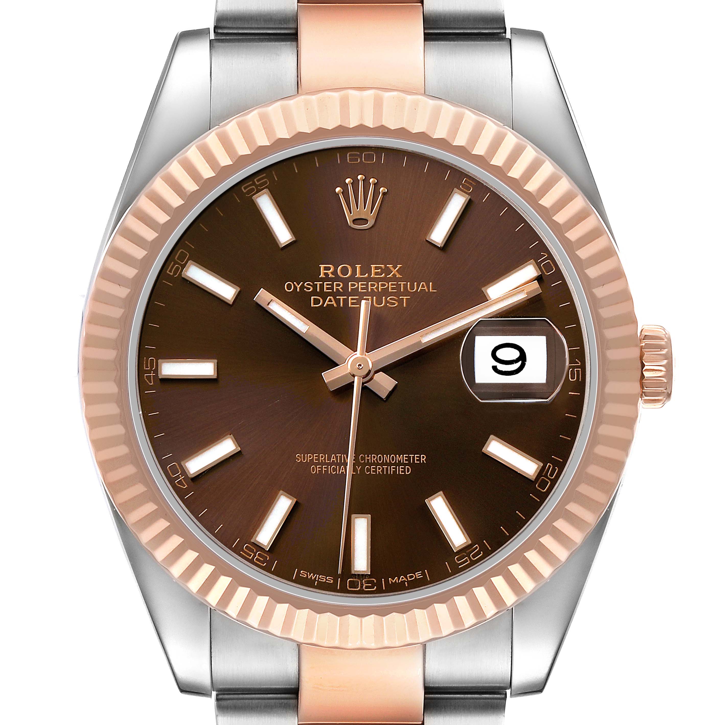 The Rolex Datejust 41 126331 Men's Steel and Gold (two tone) Brown Dial is shown from the front, highlighting the brown dial, fluted bezel, and bracelet.
