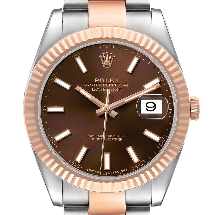 The Rolex Datejust 41 126331 Men's Steel and Gold (two tone) Brown Dial is shown from the front, highlighting the brown dial, fluted bezel, and bracelet.