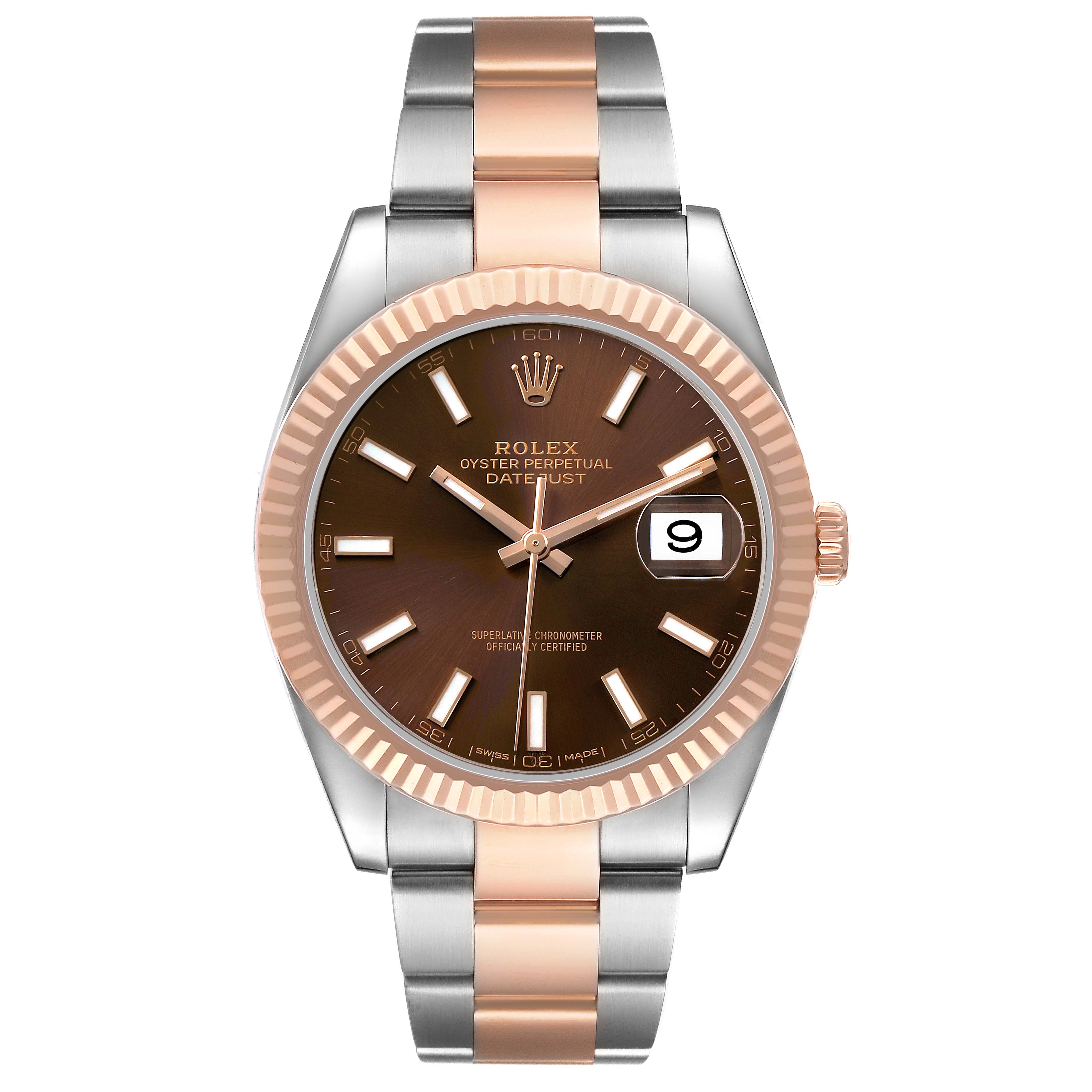 The Rolex Datejust 41 126331 Men's Steel and Gold (two tone) Brown Dial is shown from the front, highlighting its dial, fluted bezel, and two-tone bracelet.