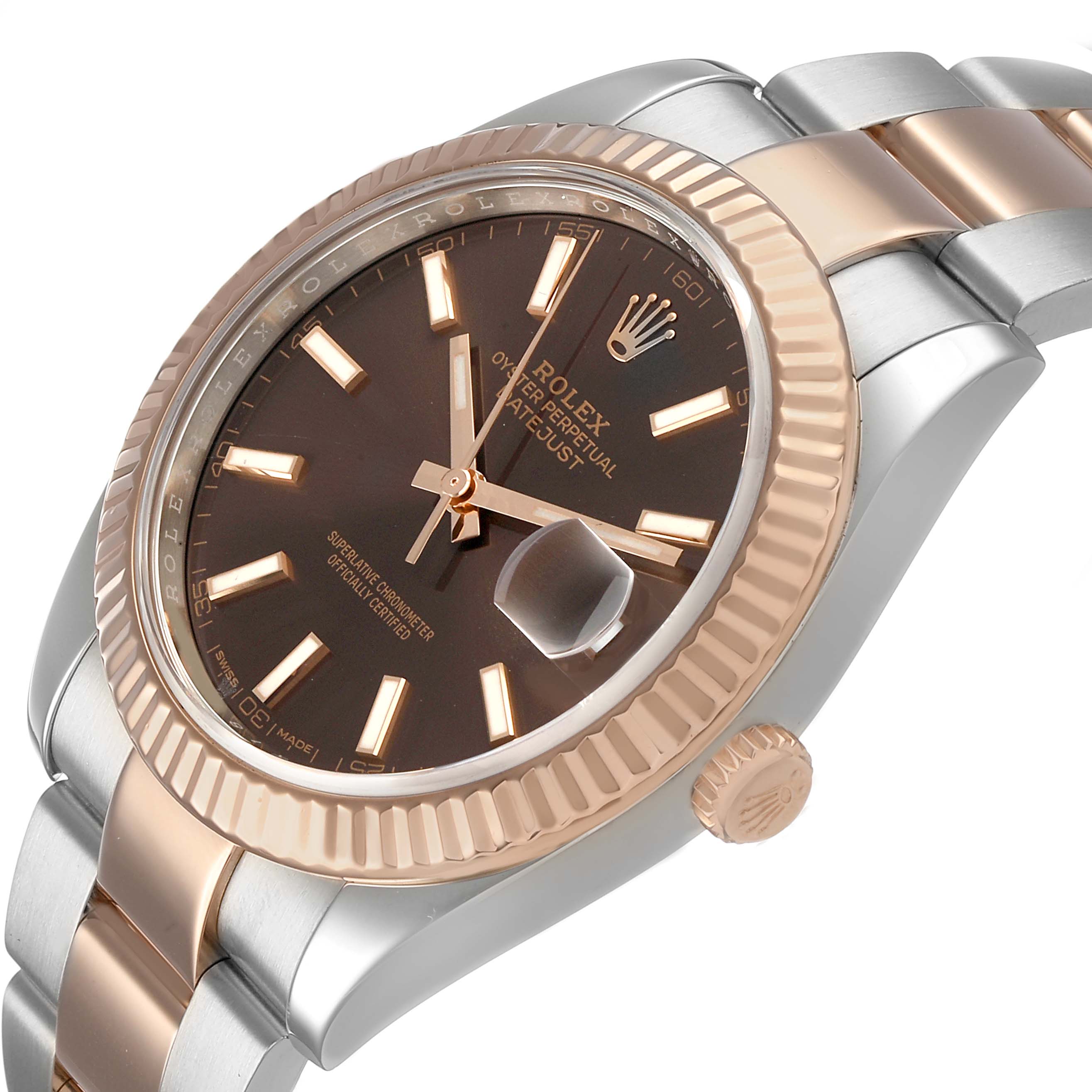 The Rolex Datejust 41 126331 Men's Steel and Gold (two tone) Brown Dial is shown from a slight side angle, highlighting the bezel, dial with indices, and part of the bracelet.