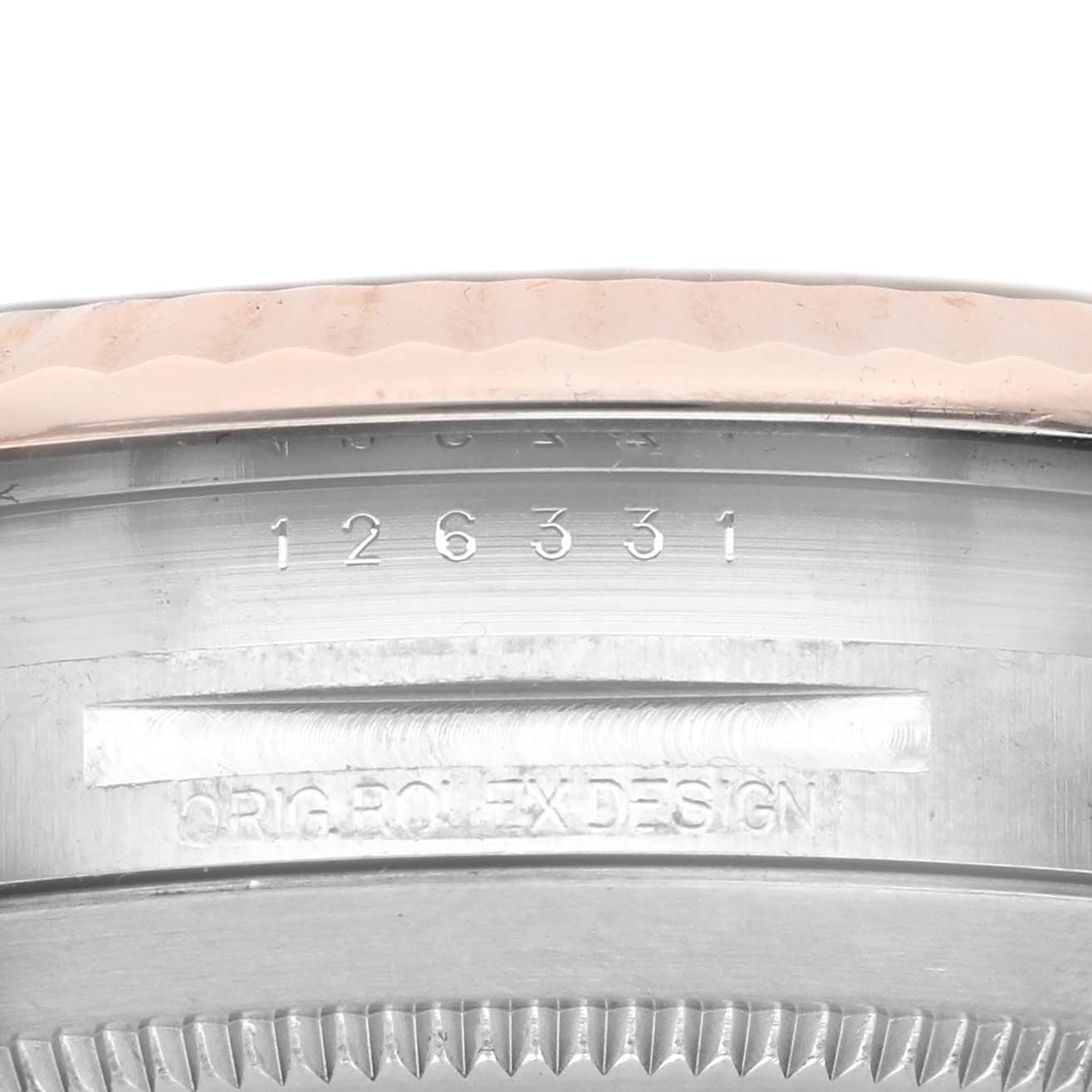 The image shows the side view of the Rolex Datejust 41 126331 Men's Steel and Gold (two tone) Brown Dial model, highlighting the case with engraved model details.