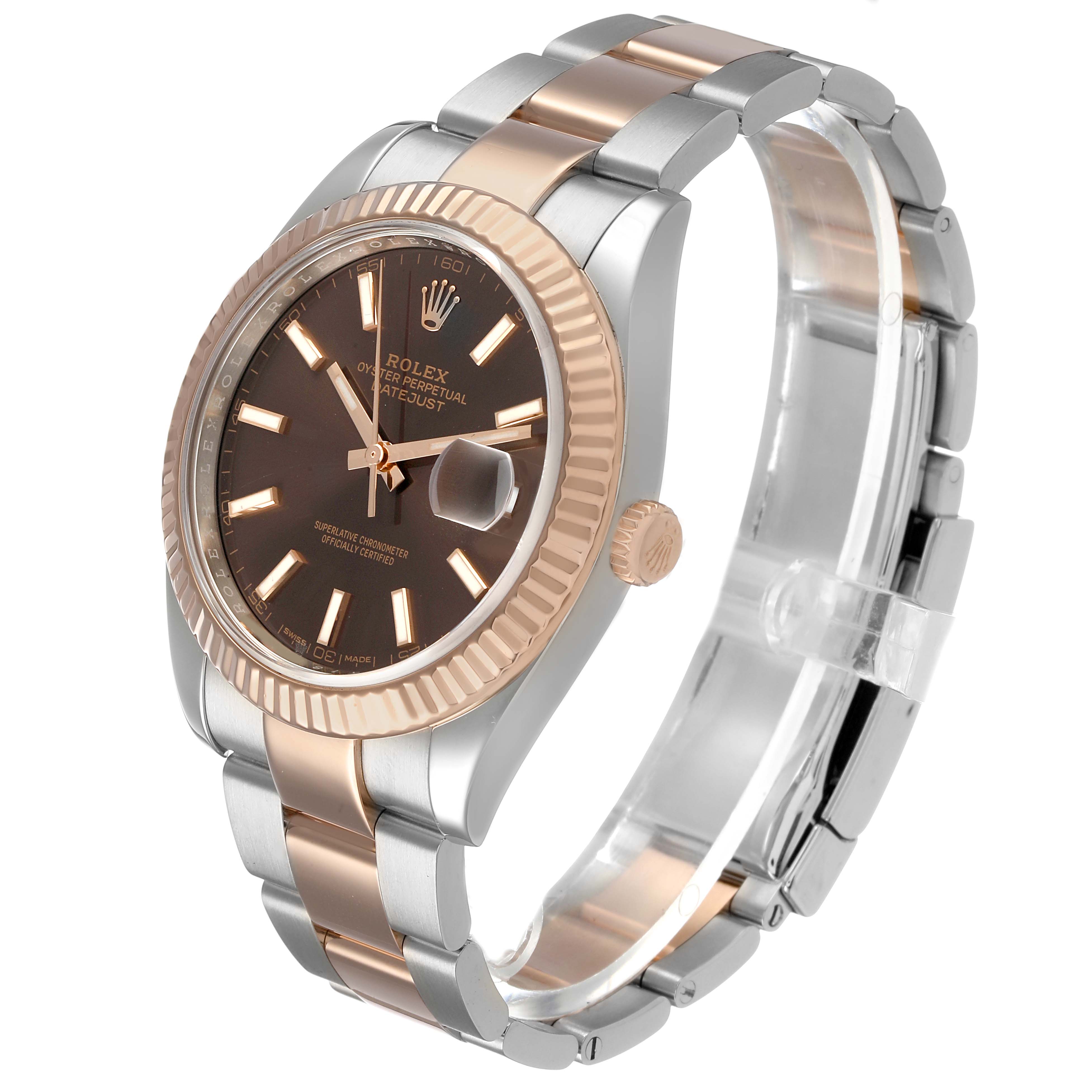 The Rolex Datejust 41 126331 Men's Steel and Gold (two tone) Brown Dial watch is shown at a three-quarter angle, highlighting the dial, bezel, case, and bracelet.