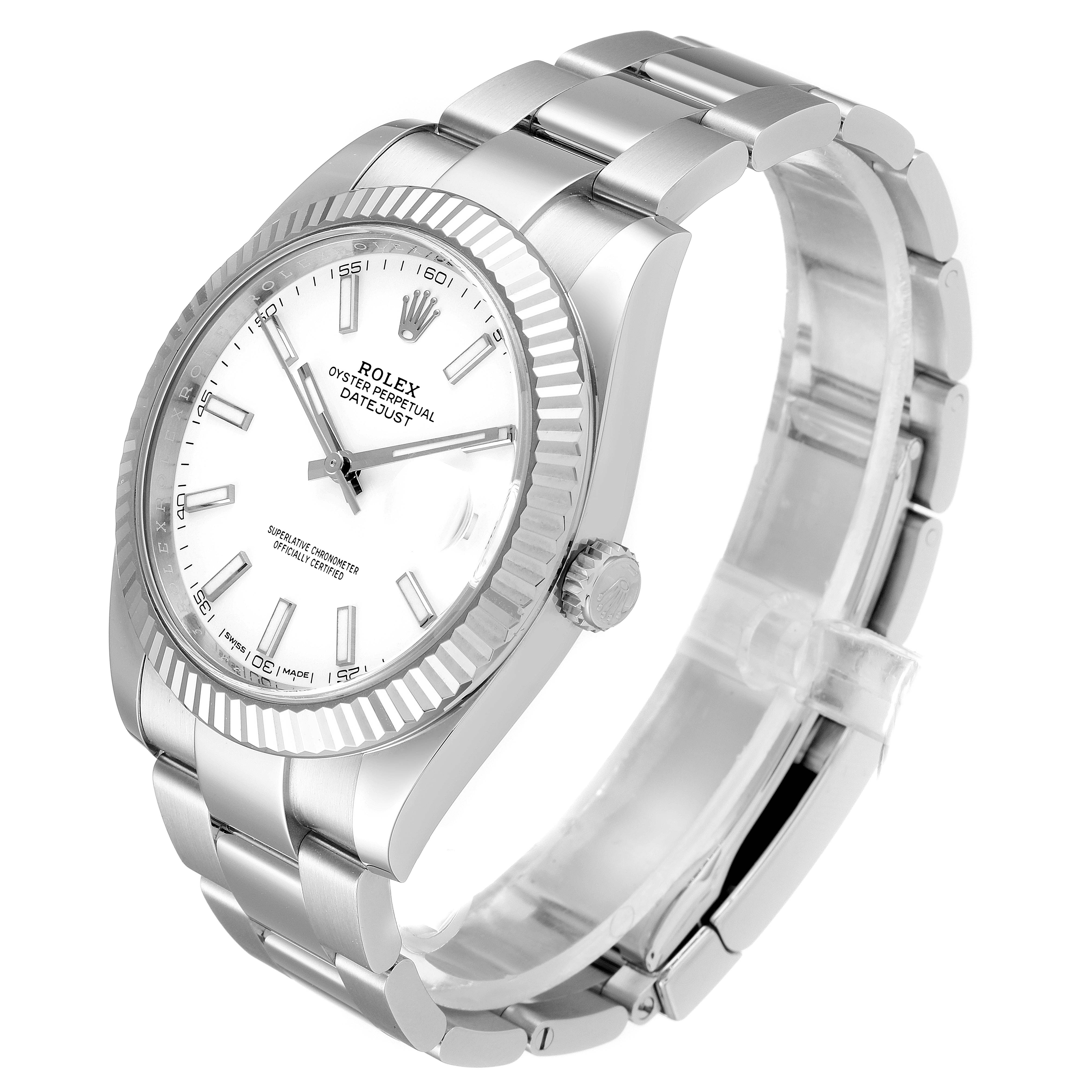 This image shows a side and front-angle view of a Rolex Datejust 126334 Men's Stainless Steel White Dial 126334 Men's Stainless Steel White Dial watch, showcasing its face, bracelet, and crown.