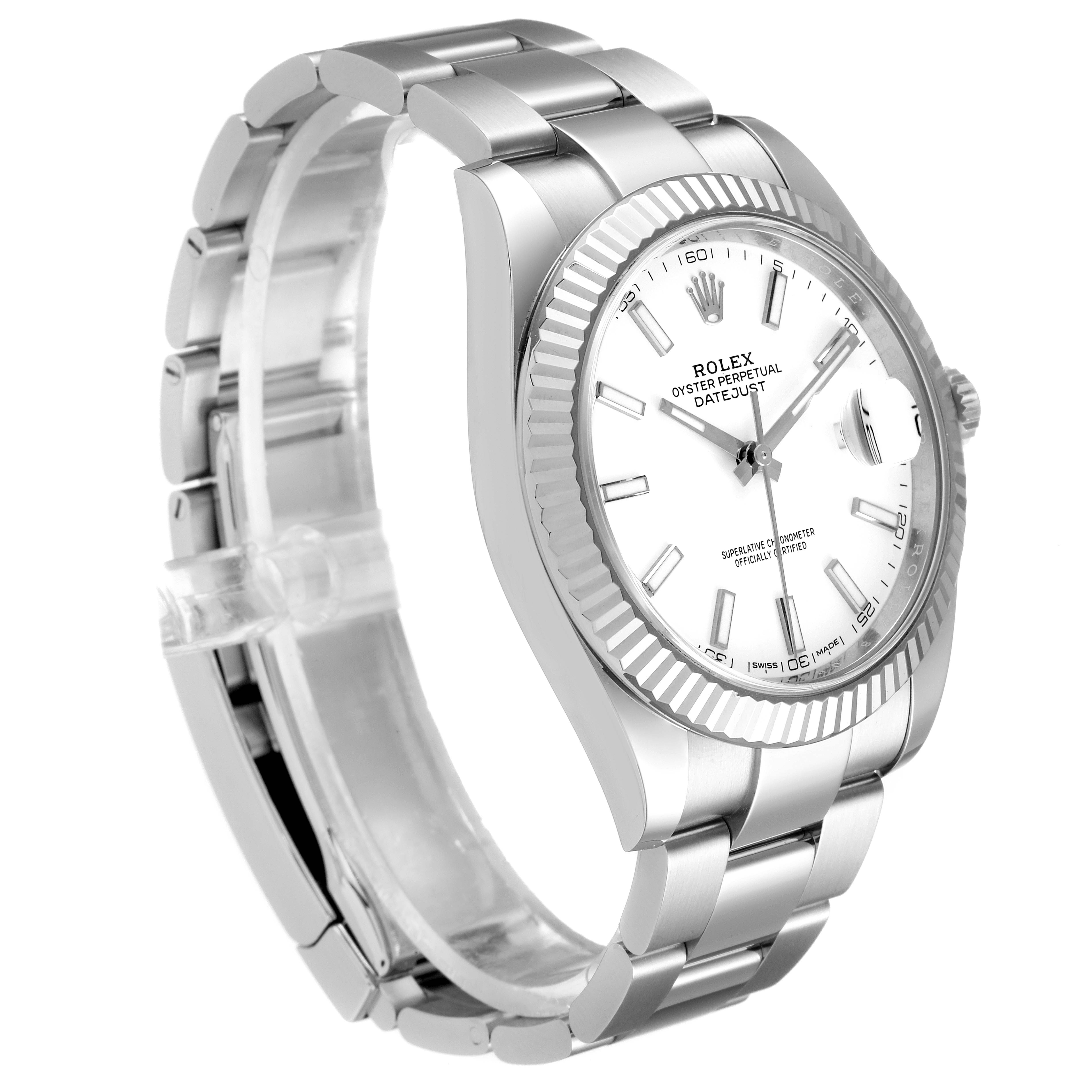 The image shows a side angle of the Rolex Datejust 126334 Men's Stainless Steel White Dial 126334 Men's Stainless Steel White Dial watch, highlighting the face, fluted bezel, and metal bracelet.