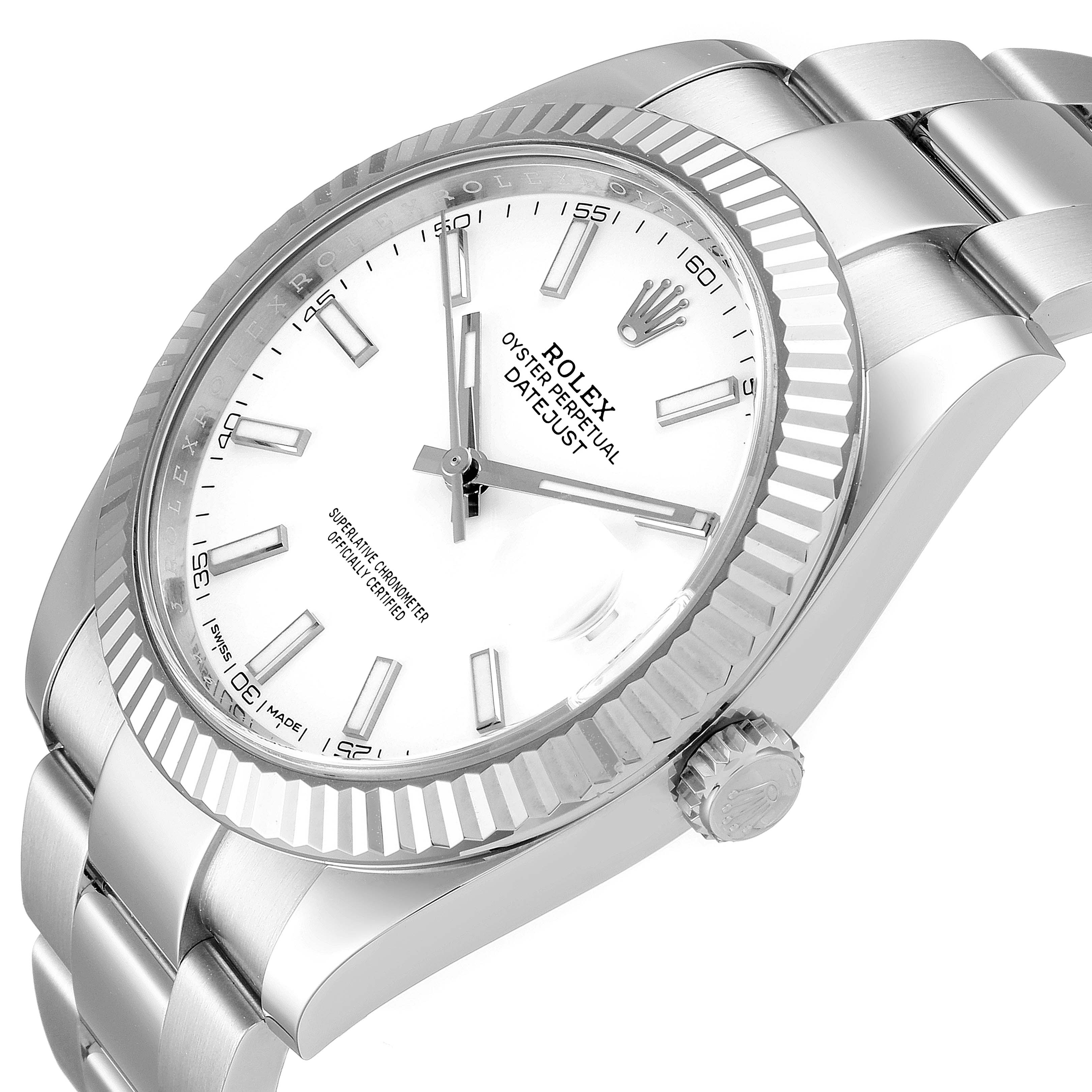 The image shows a close-up angled view of the face, bezel, and bracelet of a Rolex Datejust 126334 Men's Stainless Steel White Dial 126334 Men's Stainless Steel White Dial watch.
