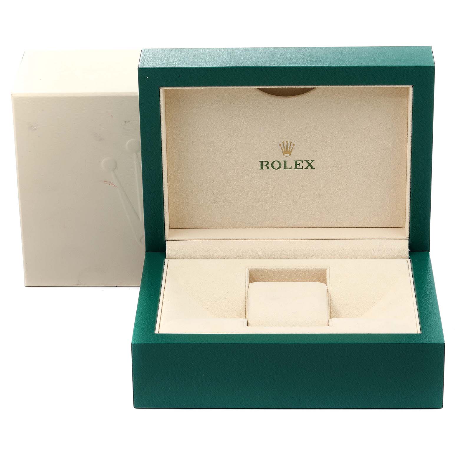 The image shows an open green Rolex watch box for the Datejust model, with an inner beige cushion and the Rolex logo.